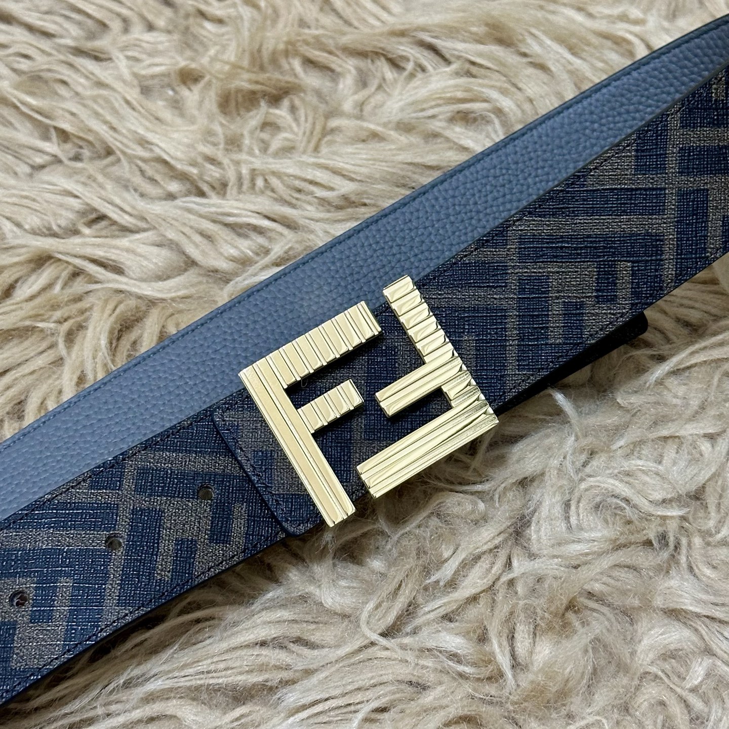 FENDI（芬迪）专柜同款 宽4.0CM 双环正反用腰带 FF按钉搭扣 灰色Cuoio Romano皮革