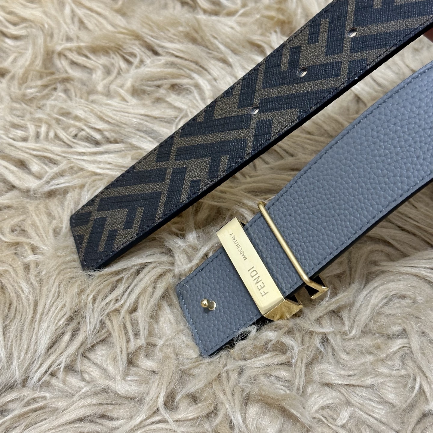 FENDI（芬迪）专柜同款 宽4.0CM 双环正反用腰带 FF按钉搭扣 灰色Cuoio Romano皮革