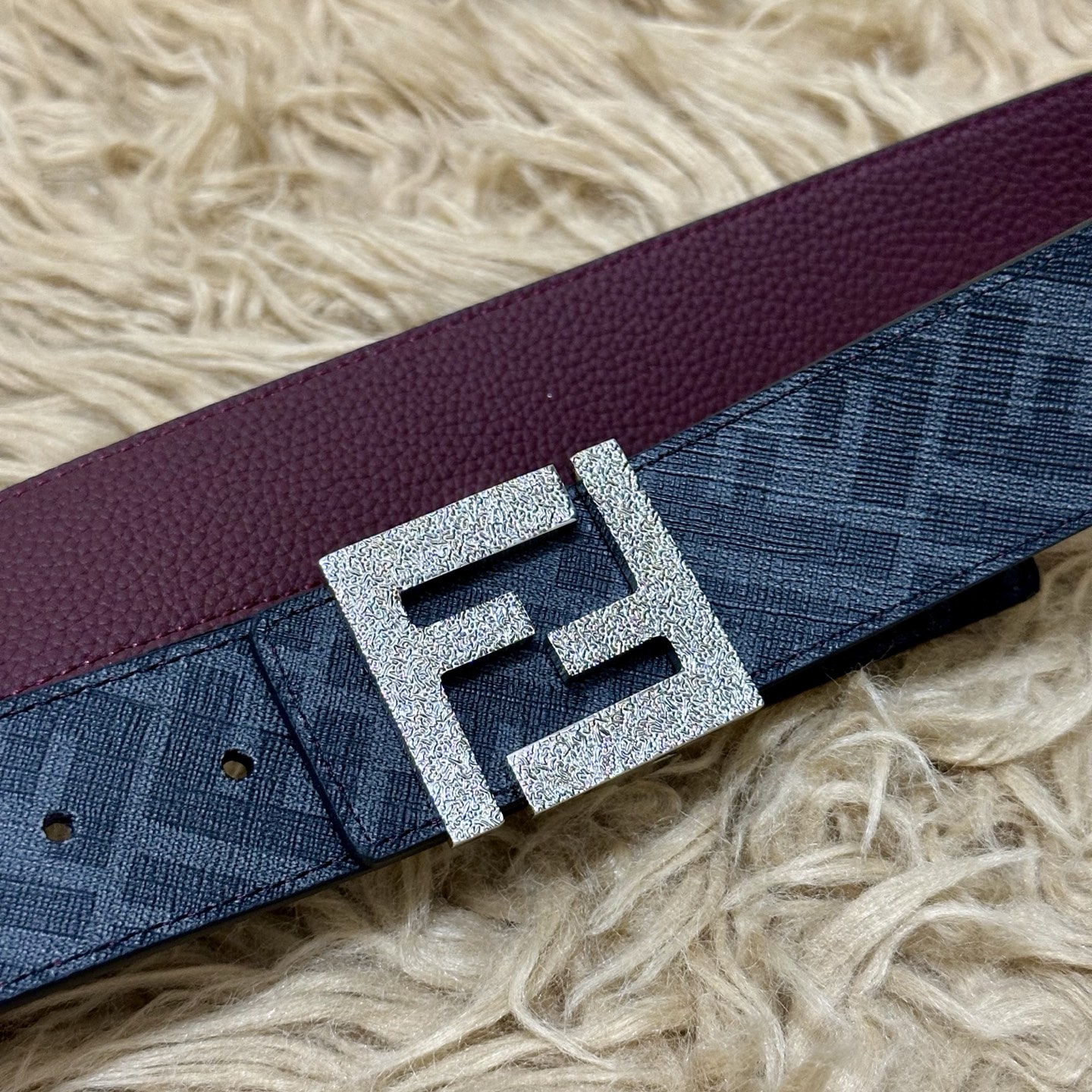 FENDI（芬迪）专柜同款 宽4.0CM 双环正反用腰带 FF按钉搭扣 酒红色Cuoio Romano皮