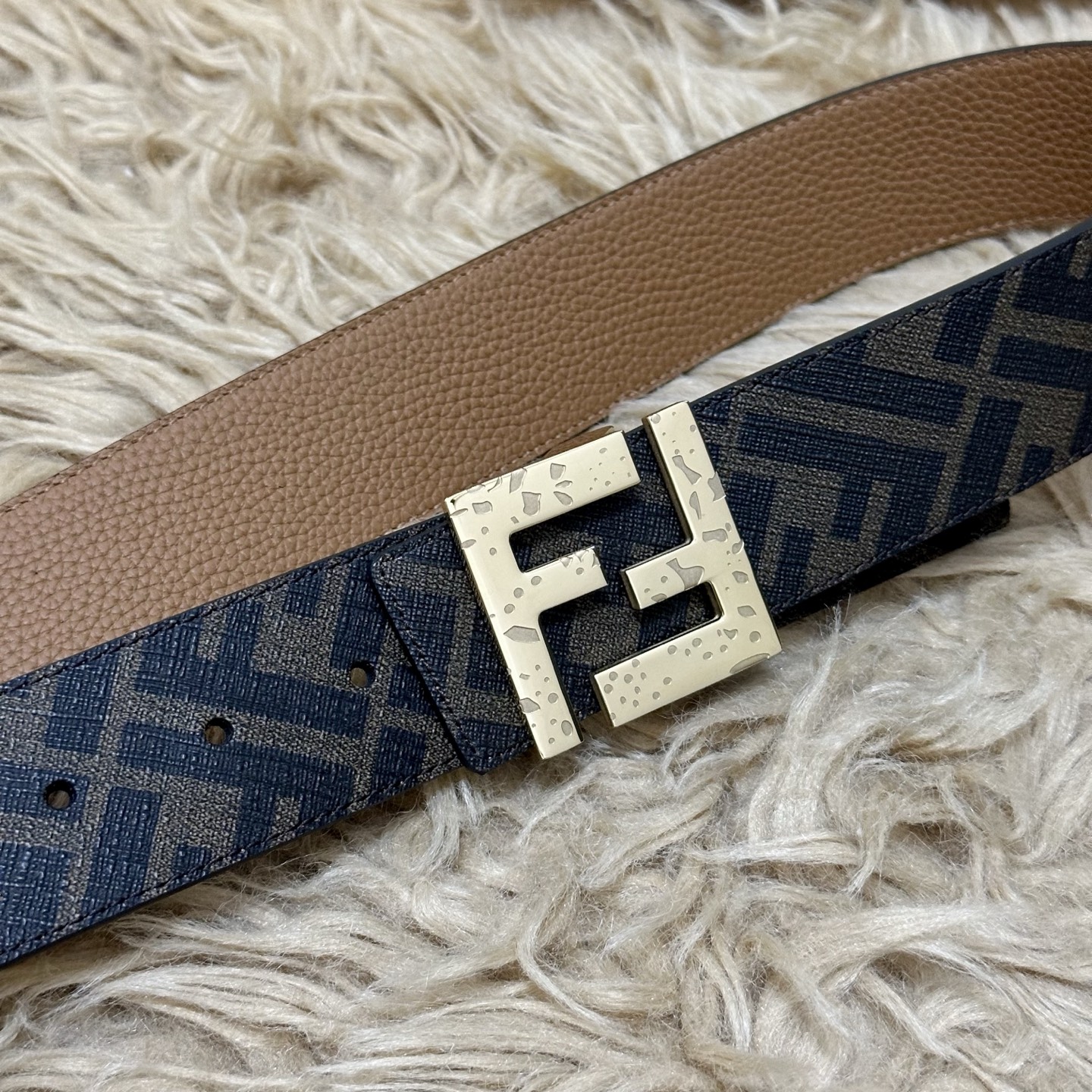 FENDI（芬迪）专柜同款 宽4.0CM 双环正反用腰带 FF按钉搭扣 土黄色Cuoio Romano皮