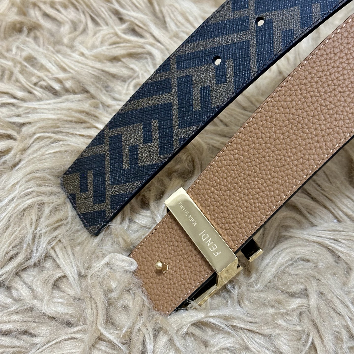 FENDI（芬迪）专柜同款 宽4.0CM 双环正反用腰带 FF按钉搭扣 土黄色Cuoio Romano皮