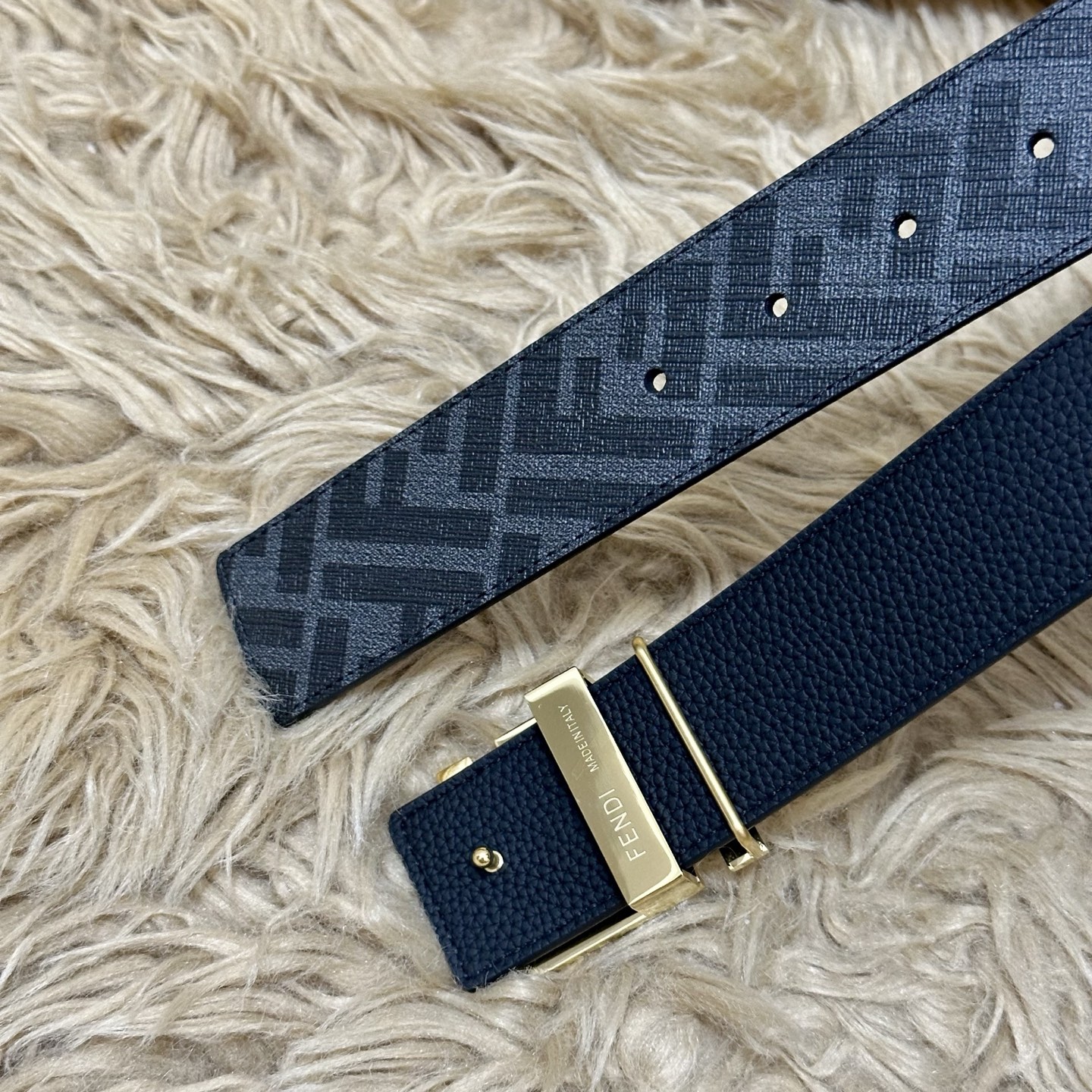 FENDI（芬迪）专柜同款 宽4.0CM 双环正反用腰带 FF按钉搭扣 黑色Cuoio Romano皮革