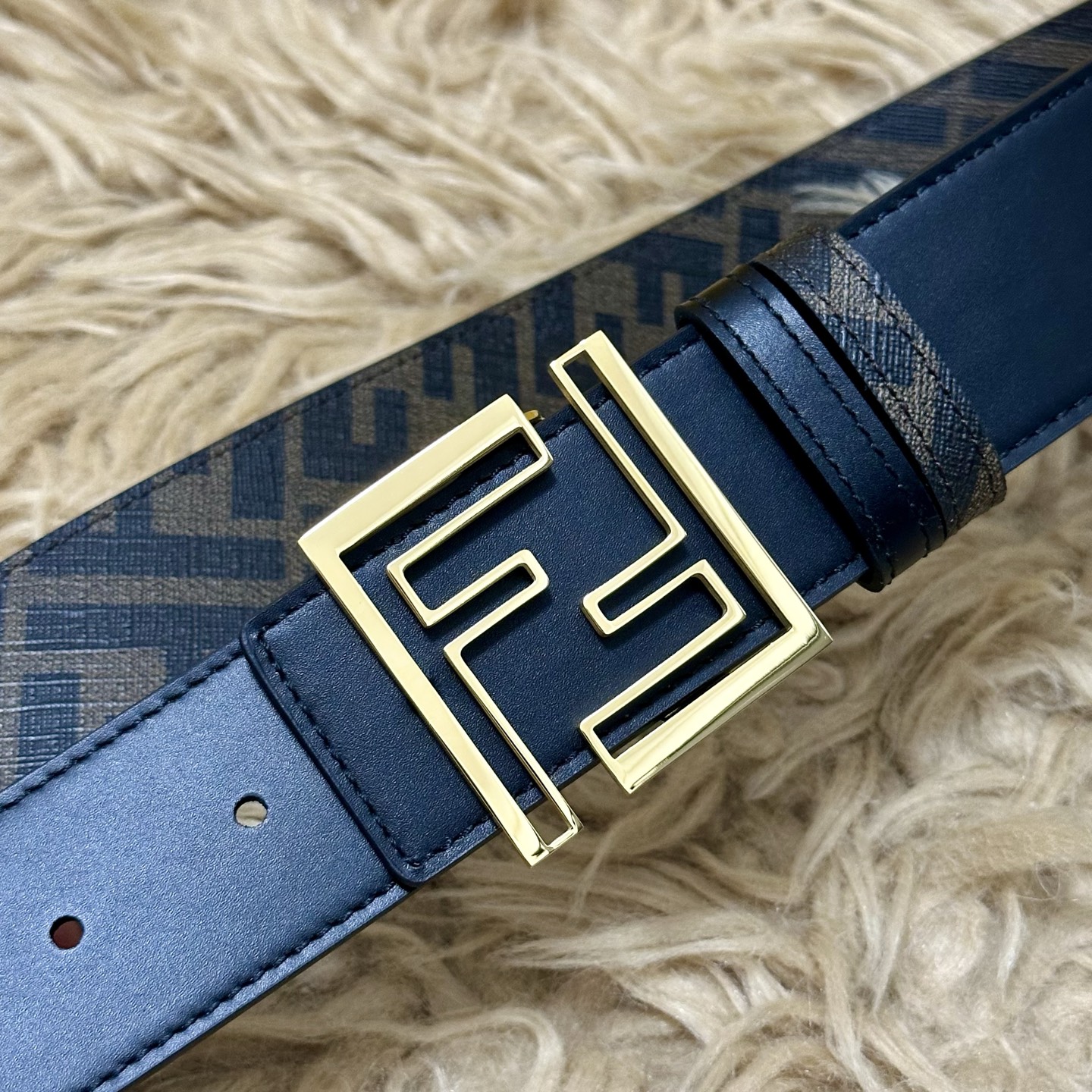 FENDI（芬迪）专柜同款 宽4.0CM 双环正反用腰带 FF按钉搭扣 黑色Cuoio Romano皮革