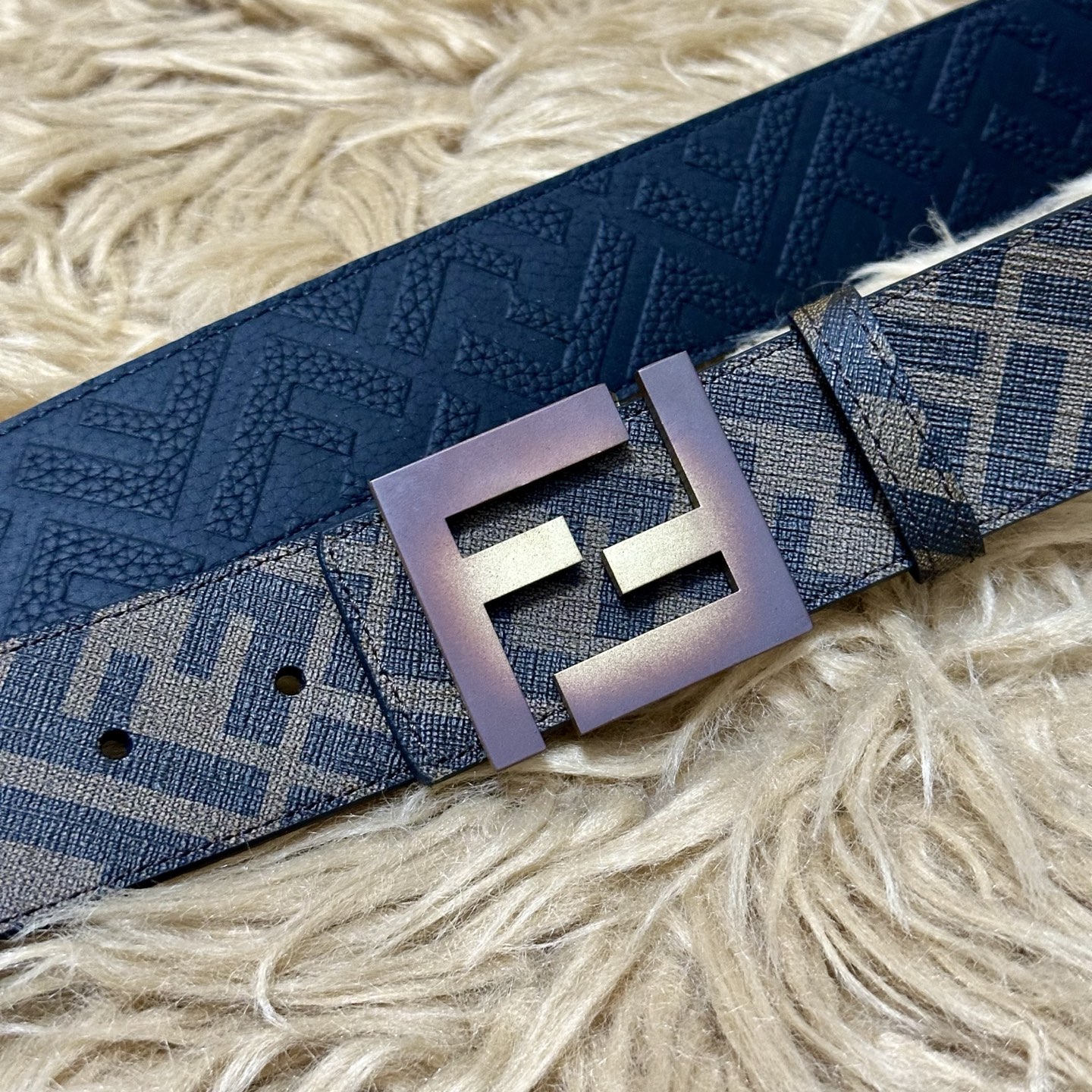 FENDI（芬迪）专柜同款 宽4.0CM 双环正反用腰带 FF按钉搭扣 黑色Cuoio Romano皮革