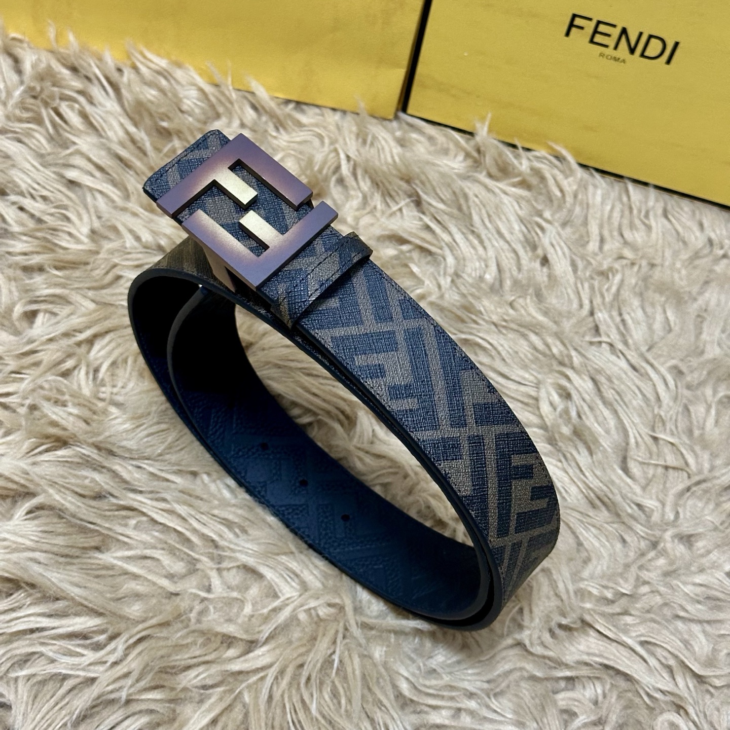 FENDI（芬迪）专柜同款 宽4.0CM 双环正反用腰带 FF按钉搭扣 黑色Cuoio Romano皮革