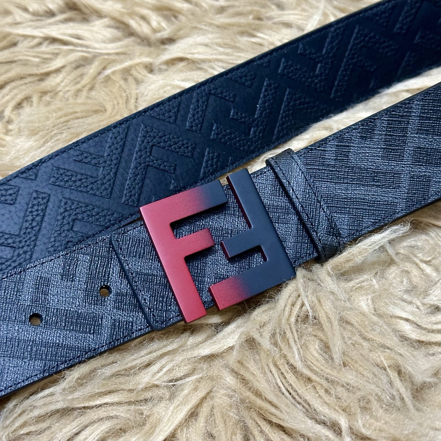 FENDI（芬迪）专柜同款 宽4.0CM 双环正反用腰带 FF按钉搭扣 黑色Cuoio Romano皮革