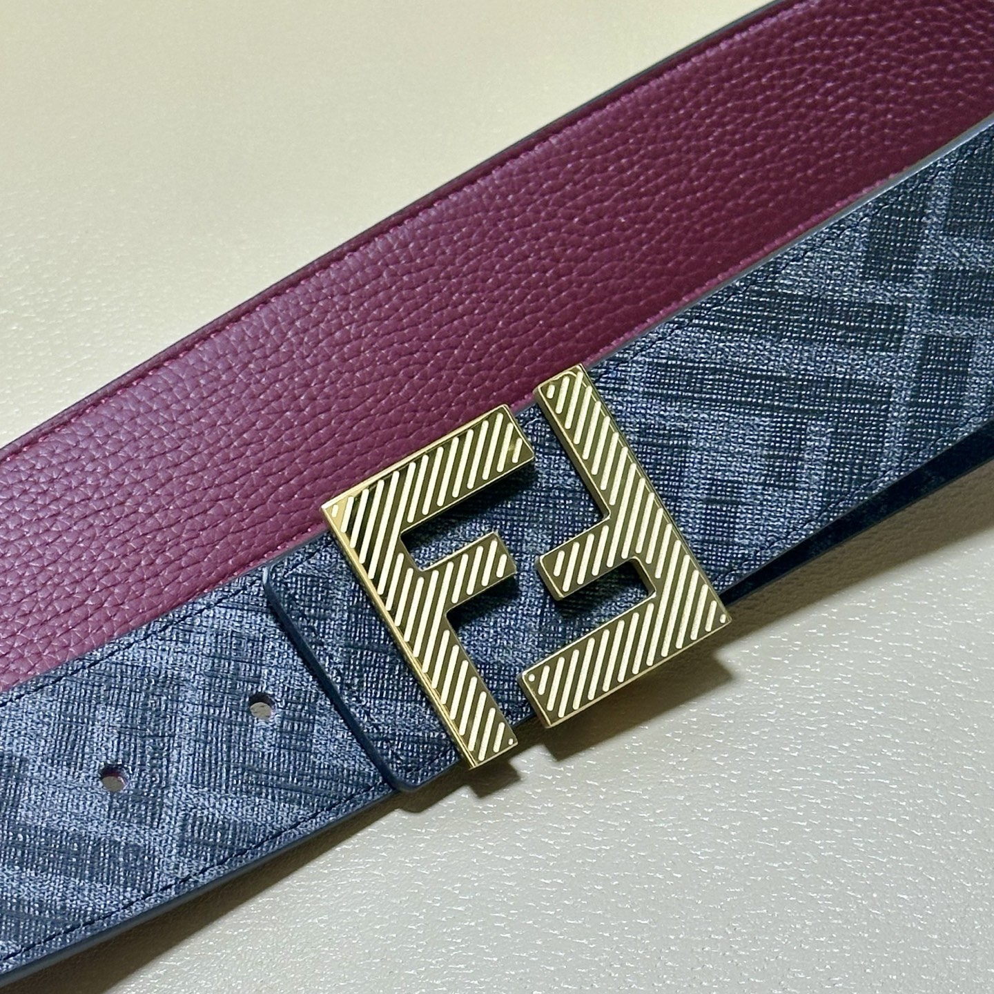 FENDI（芬迪）专柜同款 宽4.0CM 双环正反用腰带 FF按钉搭扣 酒红色Cuoio Romano皮