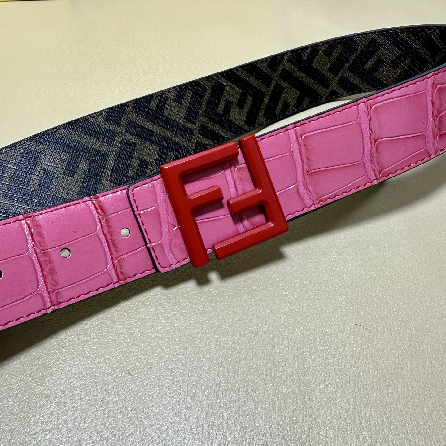 FENDI（芬迪）专柜同款 宽4.0CM 双环正反用腰带 FF按钉搭扣 红色Cuoio Romano皮革