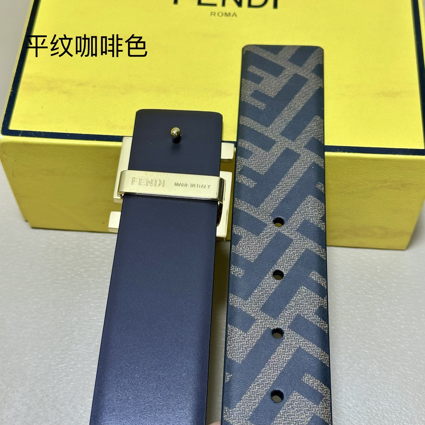 FENDI（芬迪）专柜同款 宽4.0CM 双环正反用腰带 FF按钉搭扣 咖啡色Cuoio  Romano