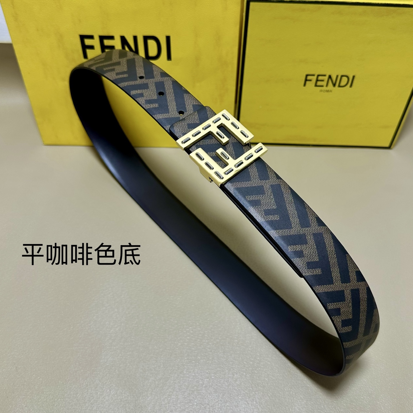 FENDI（芬迪）专柜同款 宽4.0CM 双环正反用腰带 FF按钉搭扣 咖啡色Cuoio  Romano