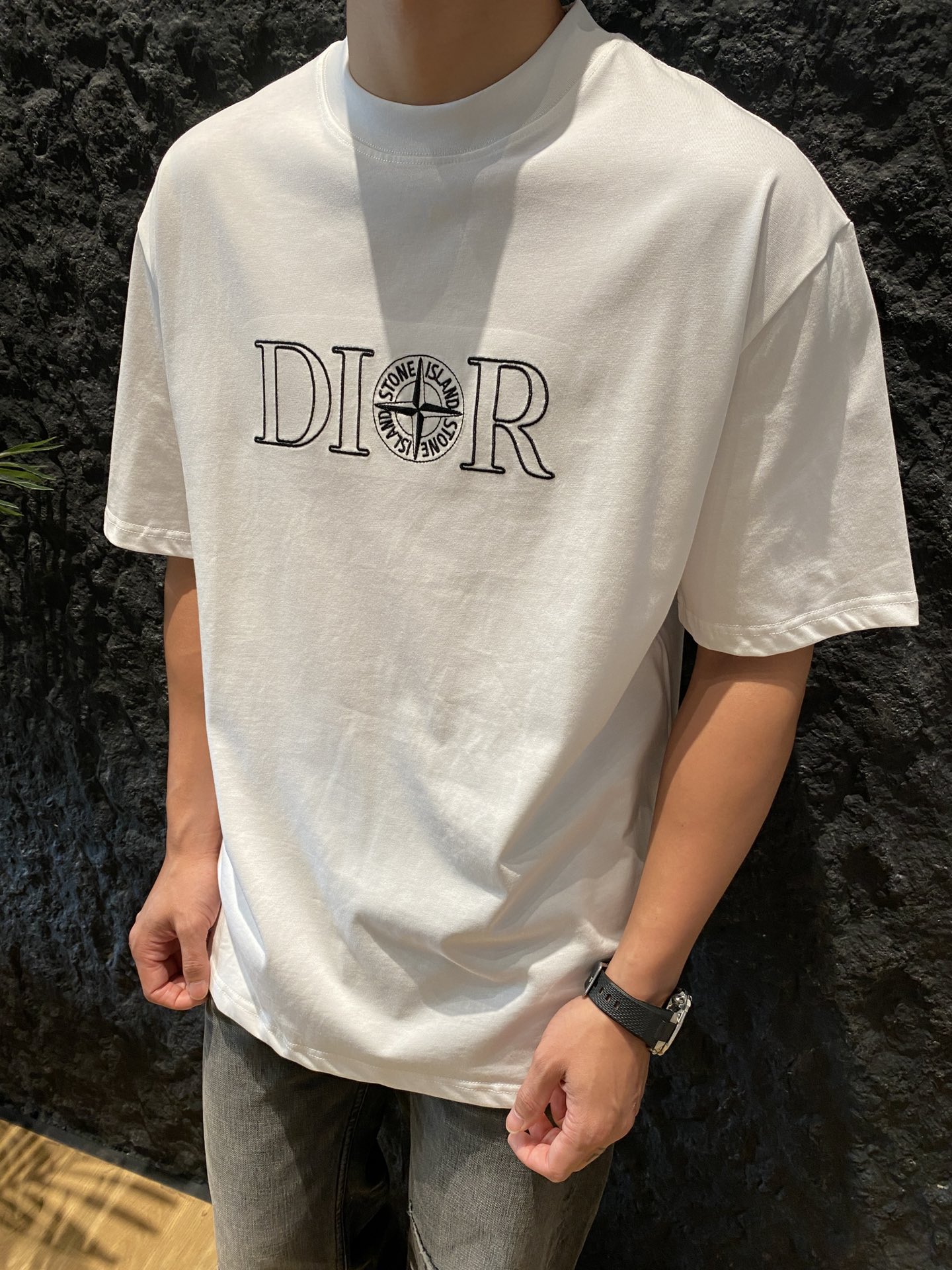 Dior Kleidung T-Shirt Schwarz Weiß Stickerei Unisex Sommerkollektion Kurzarm