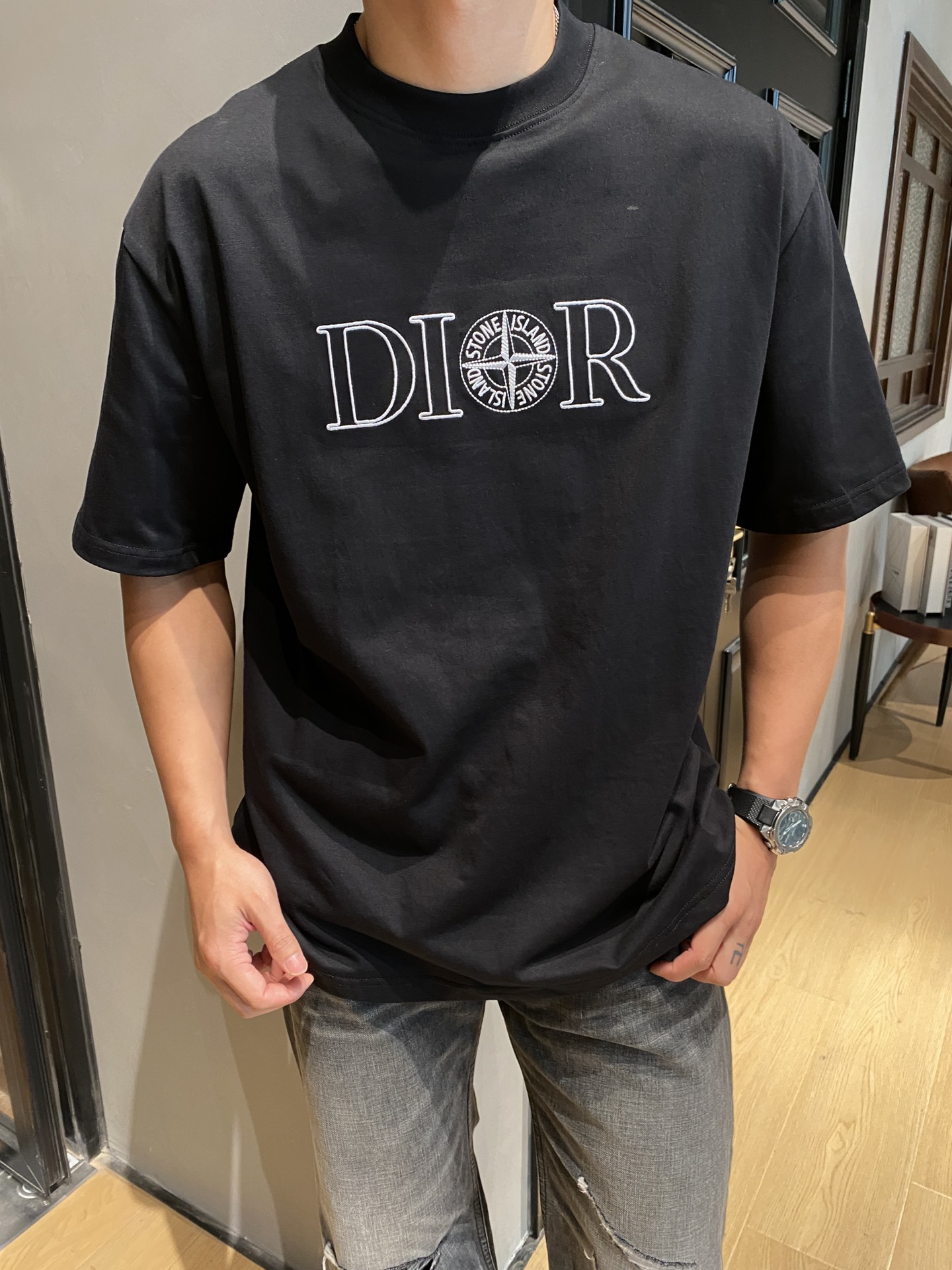 Dior Kleidung T-Shirt Schwarz Weiß Stickerei Unisex Sommerkollektion Kurzarm