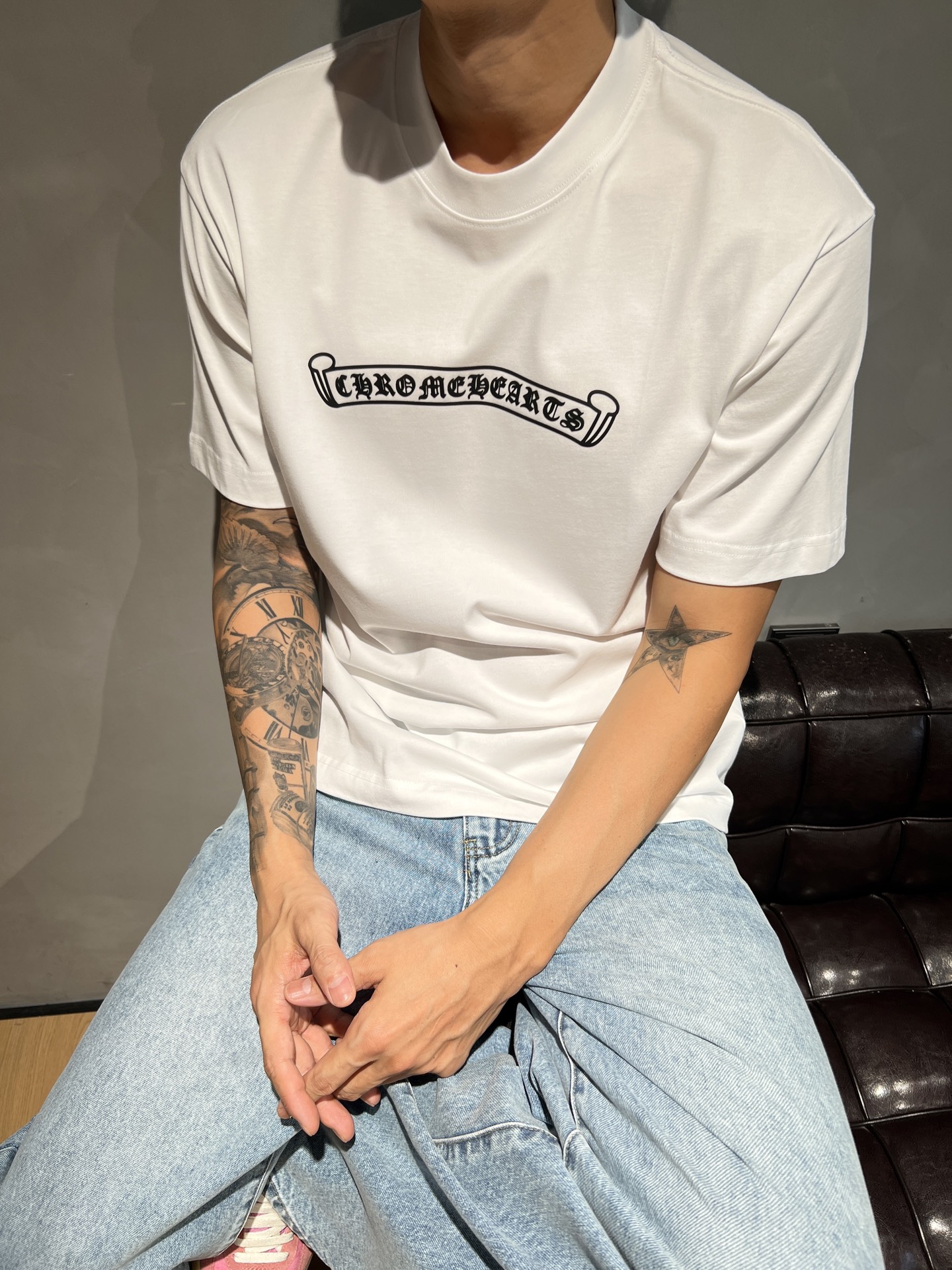 Chrome Hearts Summer T-Shirt - Sanskrit Cross Print Crew Neck Short Sleeve