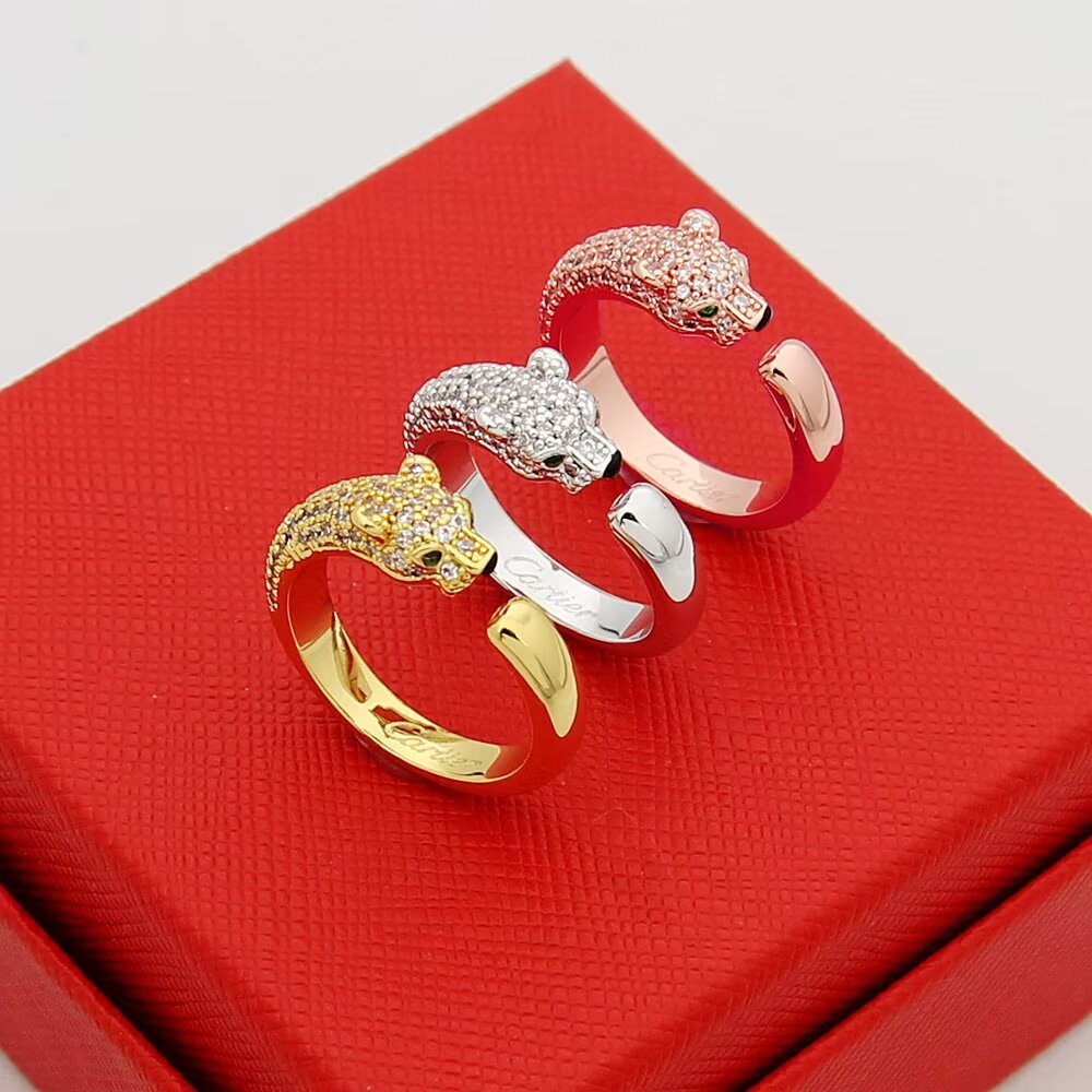 Cartier 卡家豹子戒指系列 半钻戒指 窄版 豹子开口戒指 亚金材质电镀18k 玫瑰金 白金 黄金 三色均码 半钻戒指 4