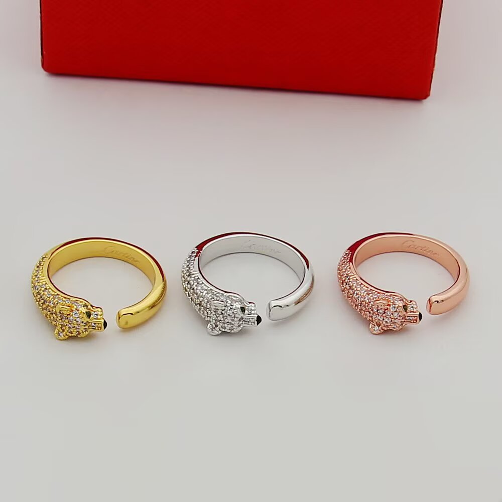 Cartier 卡家豹子戒指系列 半钻戒指 窄版 豹子开口戒指 亚金材质电镀18k 玫瑰金 白金 黄金 三色均码 半钻戒指 9