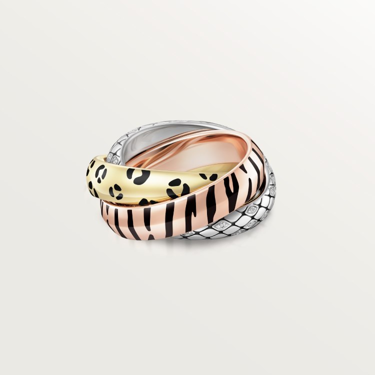 Cartier TRINITY ring 18k yellow gold with black leopard print lacquer 18k rose gold with black tiger stripe lacquer 18k white gold with diamond-set snake scale pattern 7