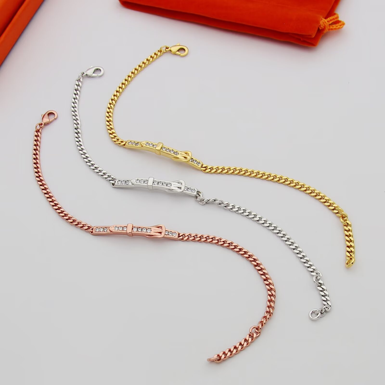 Hermes Belt Buckle Curb Chain Bracelet bracelet Yellow gold rose gold silver with clear diamond-like accent stones 17cm