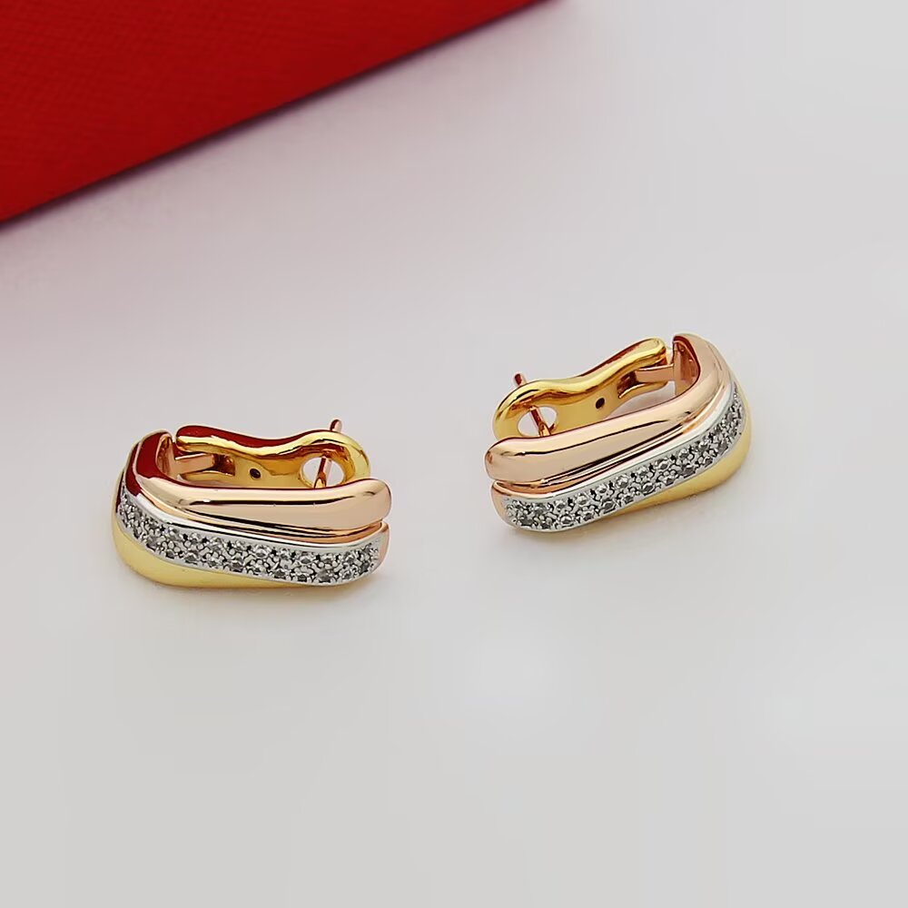 Cartier Cartier卡地亚方型三色三环耳钉。亚金材质 精工版本 小巧百搭 logo 电镀18k金 三色耳钉