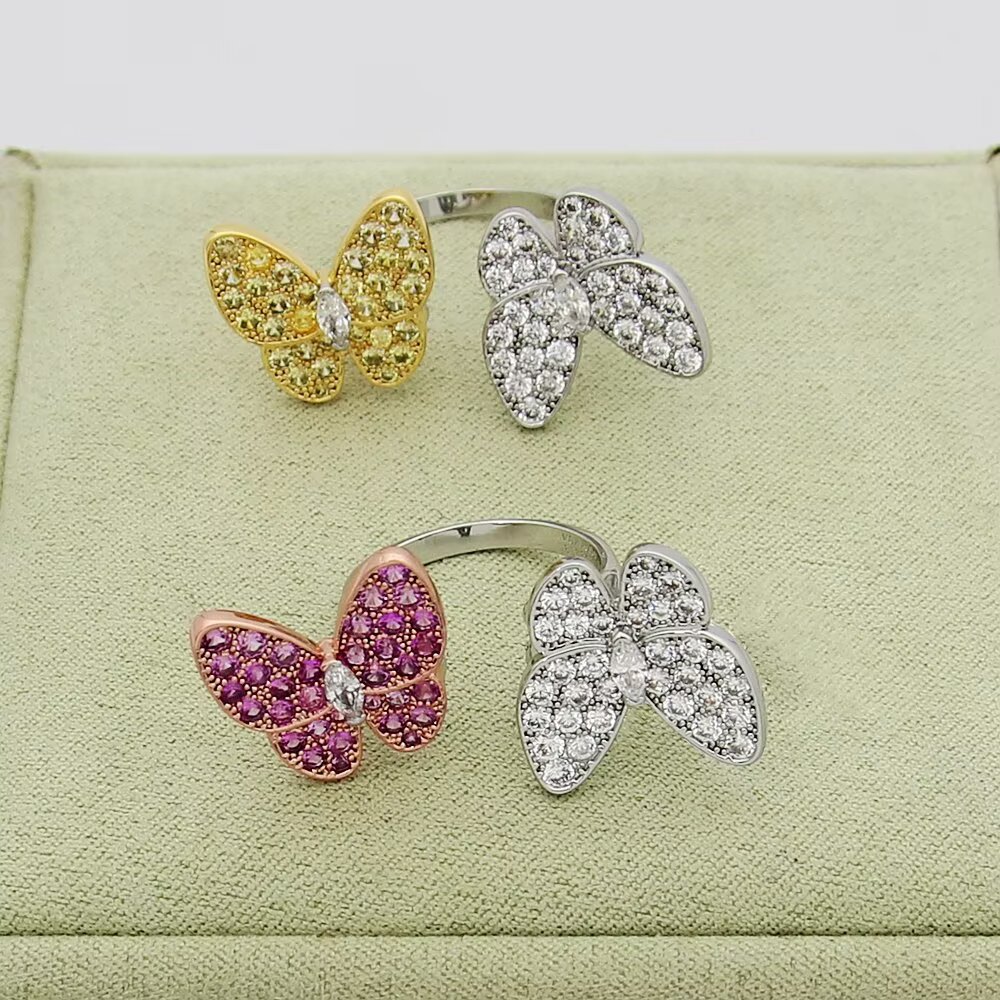 Van Cleef Arpels Two Butterfly ring 18k white gold with colorless diamonds 18k rose gold with pink sapphires 18k yellow gold with yellow sapphires US 7