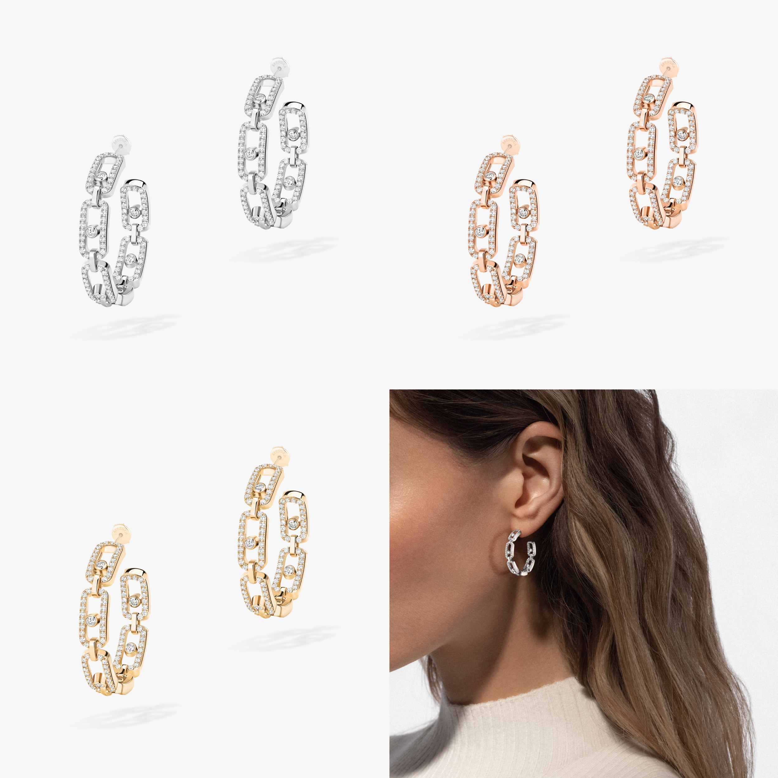 Messika Move Link earrings 18k yellow gold 18k white gold 18k rose gold with pave set clear diamonds 22mm hoop diameter