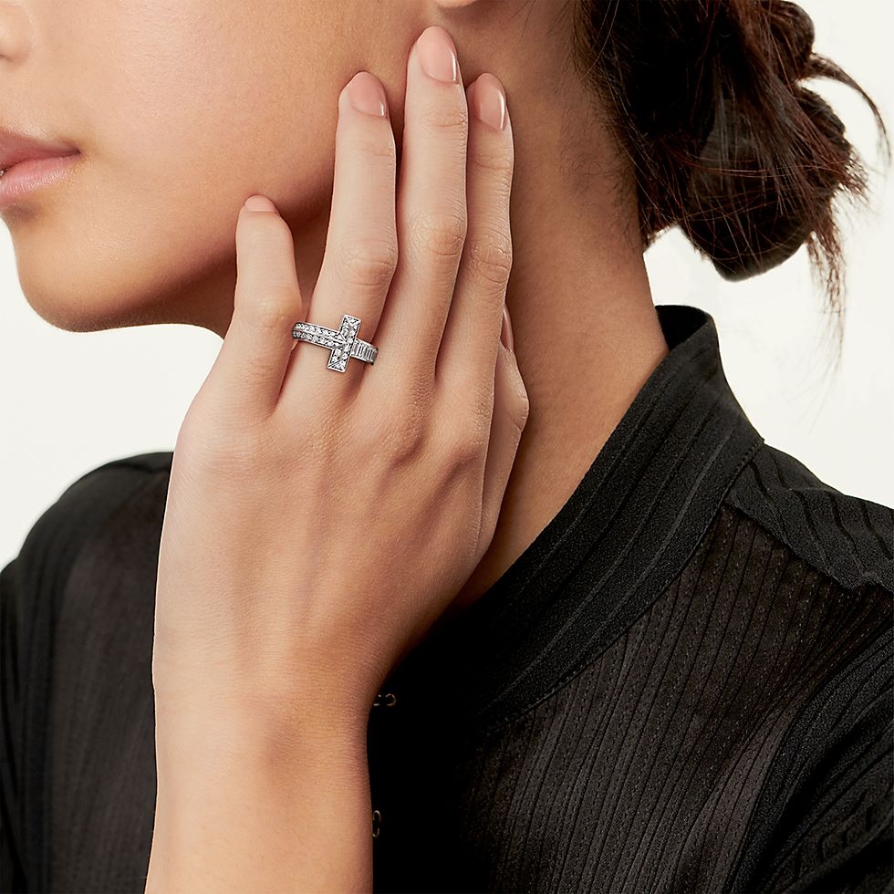 Tiffany & Co. tiff蒂芙尼戒指满钻方钻戒指T1系列宽版戒指 6789码数 亚电镀厚金