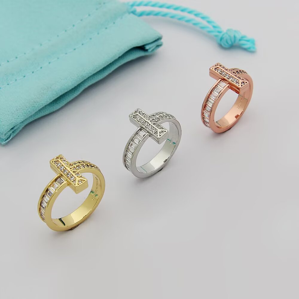 Tiffany & Co. tiff蒂芙尼戒指满钻方钻戒指T1系列宽版戒指 6789码数 亚电镀厚金