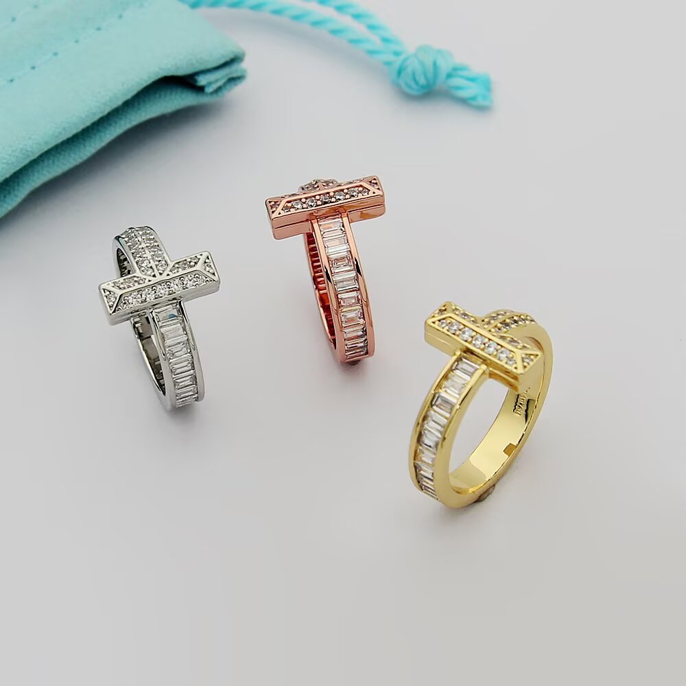 Tiffany & Co. tiff蒂芙尼戒指满钻方钻戒指T1系列宽版戒指 6789码数 亚电镀厚金