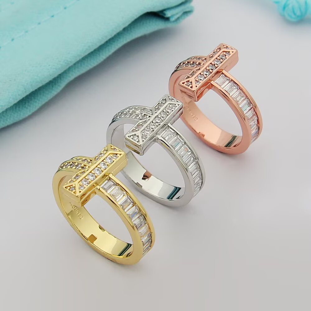 Tiffany & Co. tiff蒂芙尼戒指满钻方钻戒指T1系列宽版戒指 6789码数 亚电镀厚金