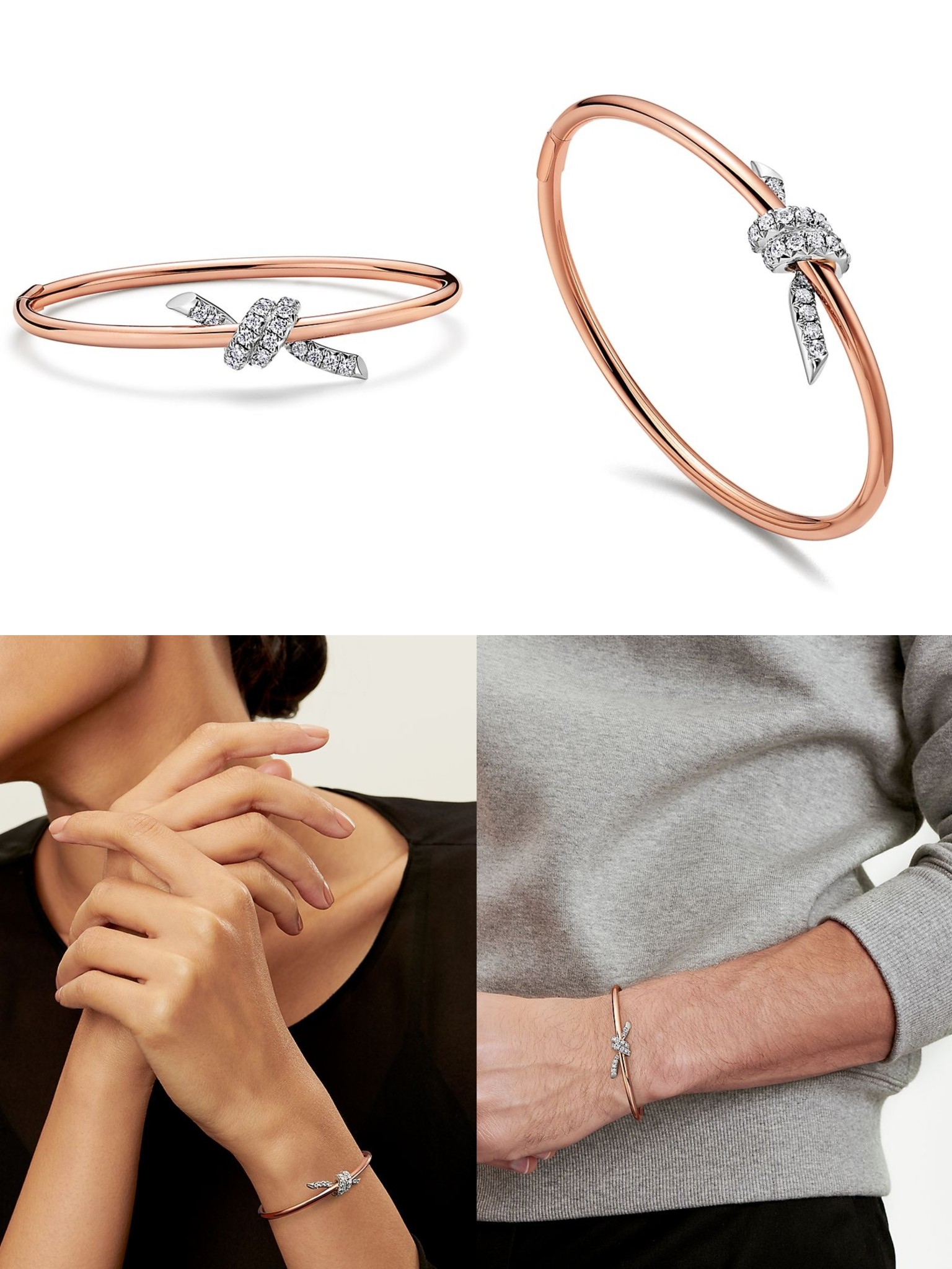 Tiffany & Co. tiff蒂芙尼手镯细版间钻打结手镯绳结手镯 亚金材质 带 分色电镀