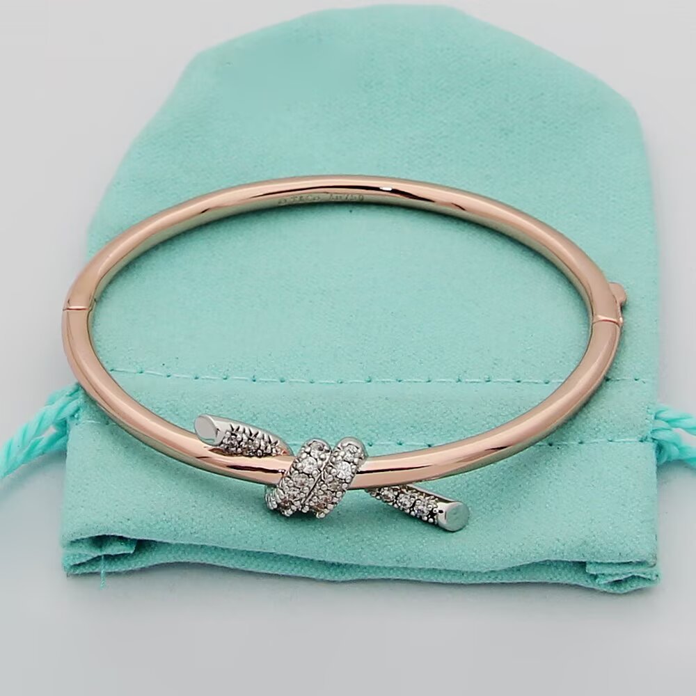 Tiffany & Co. tiff蒂芙尼手镯细版间钻打结手镯绳结手镯 亚金材质 带 分色电镀