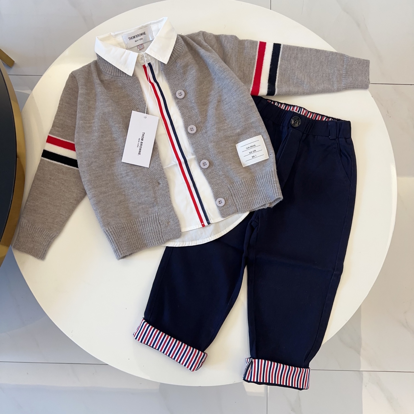 Camisa TB, pantalones casuales con dobladillo (azul marino), cárdigan de punto, tallas 90-150 (etiqueta original + marc…