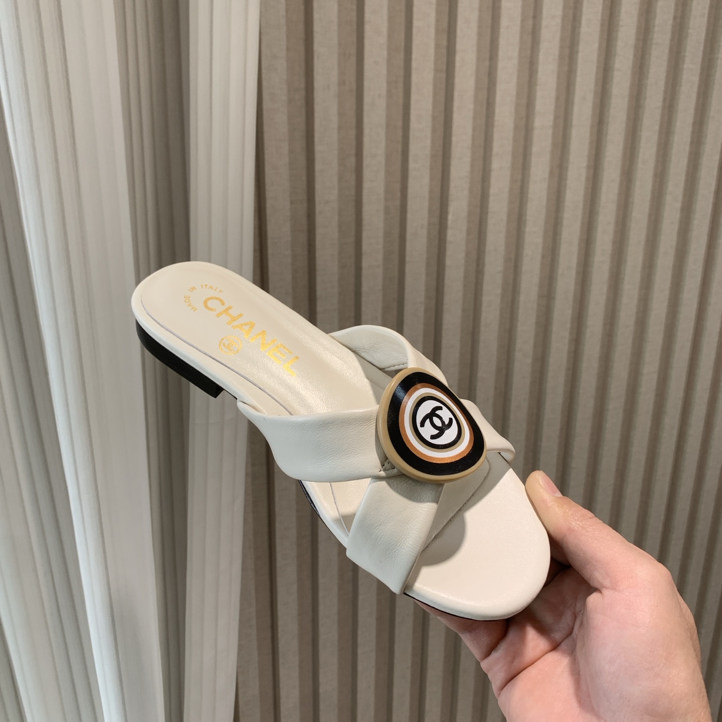 Chanel Women's Cross Strap Sandals With Round Logo Buckle, Lambskin Leather