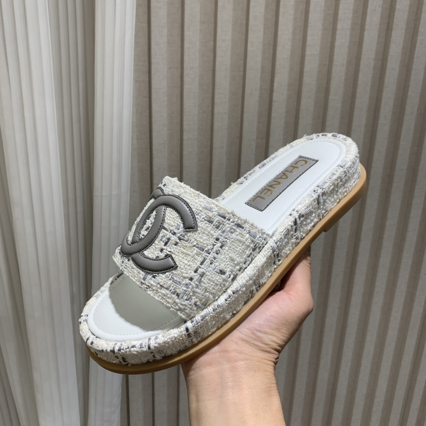 Chanel Women's Tweed Espadrille CC Logo Platform Slide Sandals