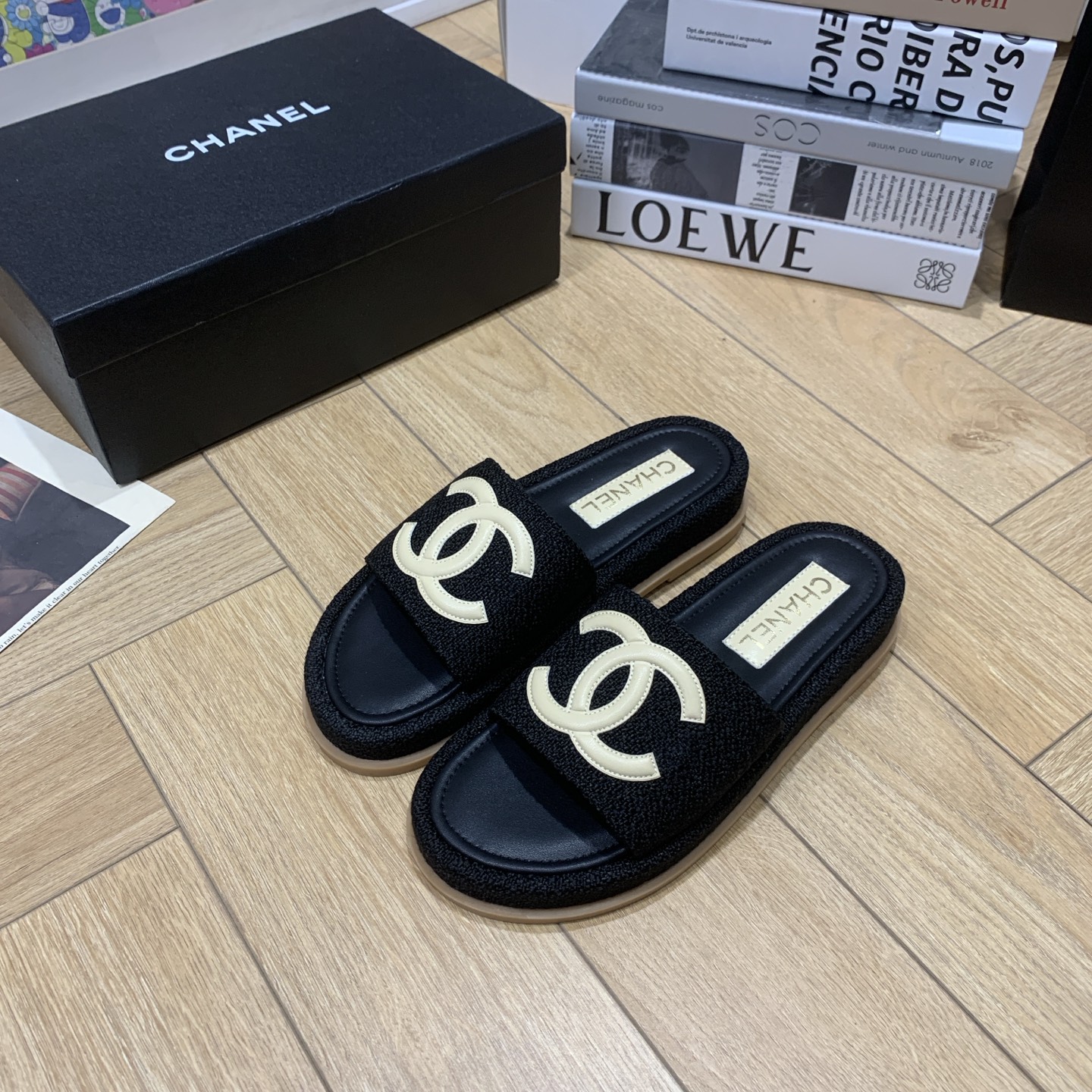 Chanel Women's CC Espadrille Slide Sandals Lambskin & Fabric Black