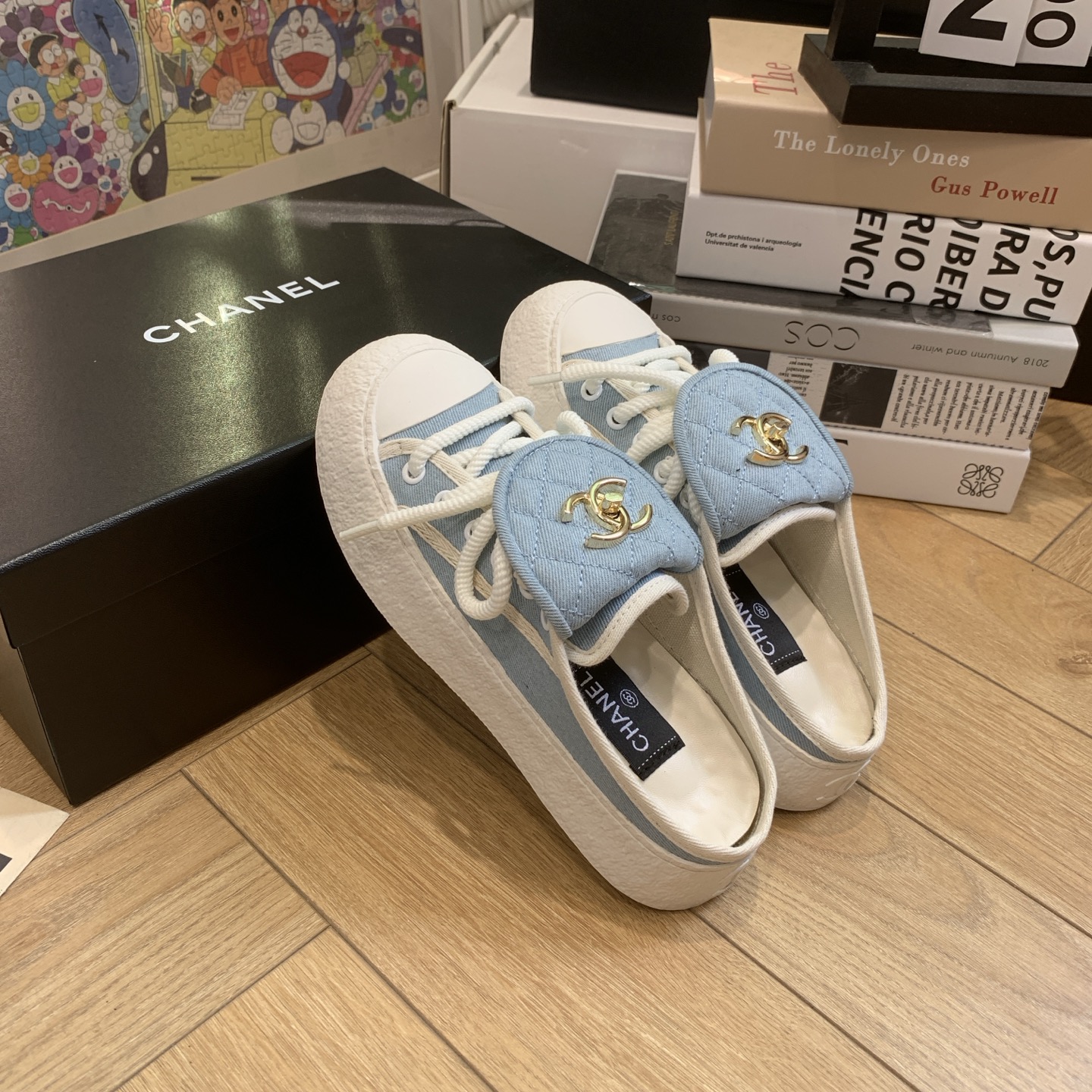 Chanel Denim Canvas Mule Sneakers with CC Charm, Blue and White 5 i1743106928206 5715 0 3