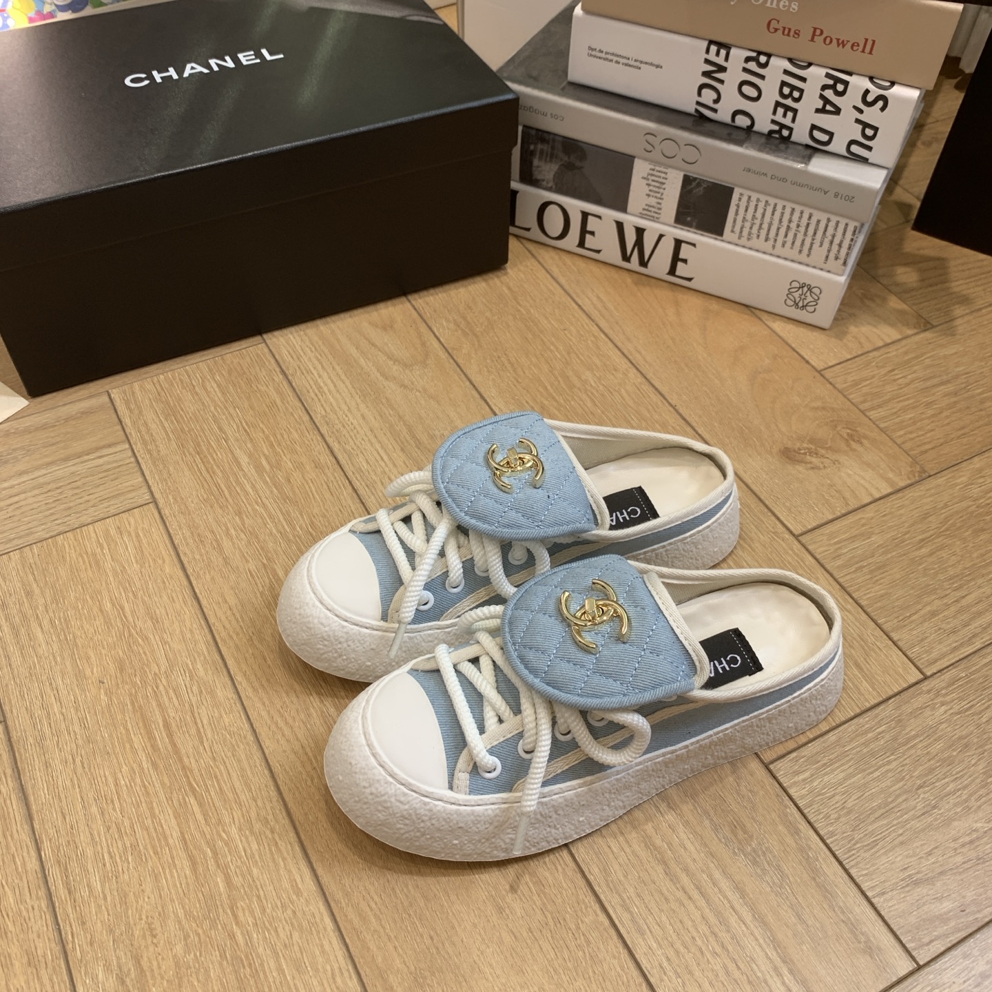 Chanel Denim Canvas Mule Sneakers with CC Charm, Blue and White 4 i1743106928209 2304 0 1