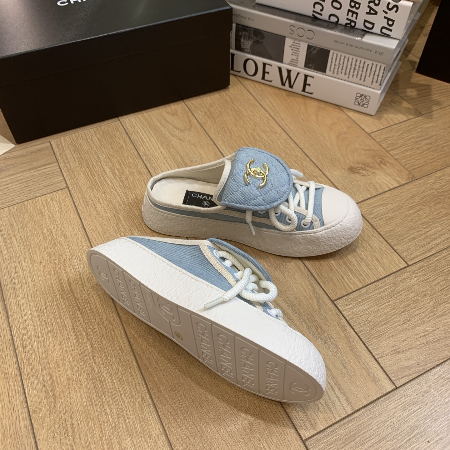 Chanel Denim Canvas Mule Sneakers with CC Charm, Blue and White 8 i1743106928215 7493 0 6