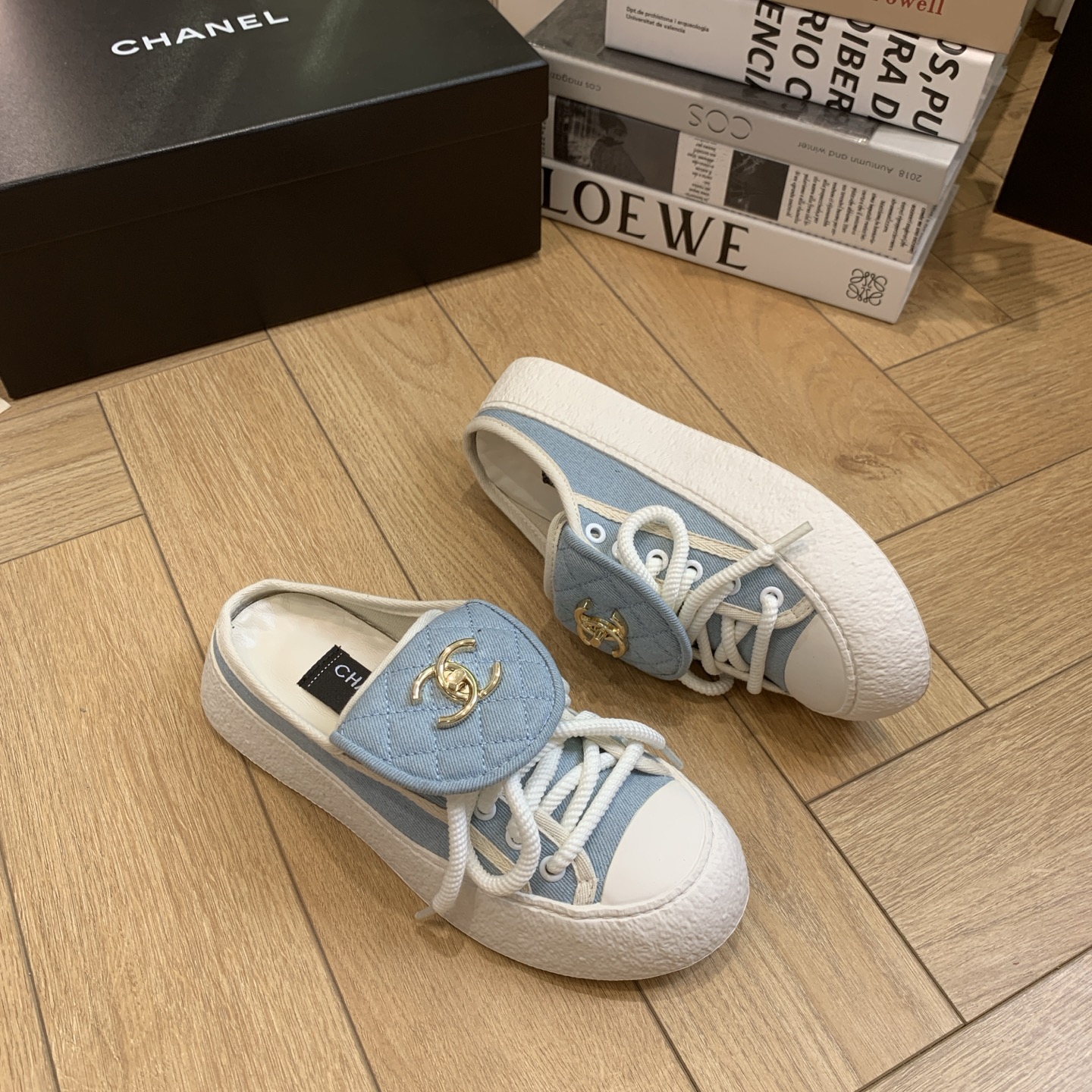 Chanel Denim Canvas Mule Sneakers with CC Charm, Blue and White 1 Chanel Denim Canvas Mule Sneakers with CC Charm, Blue and White