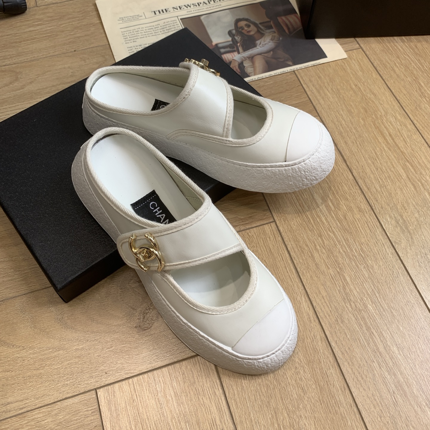 Chanel White Leather CC Logo Mary Jane Platform Mules, Women Shoes 8 i1744922108881 3392 0 6
