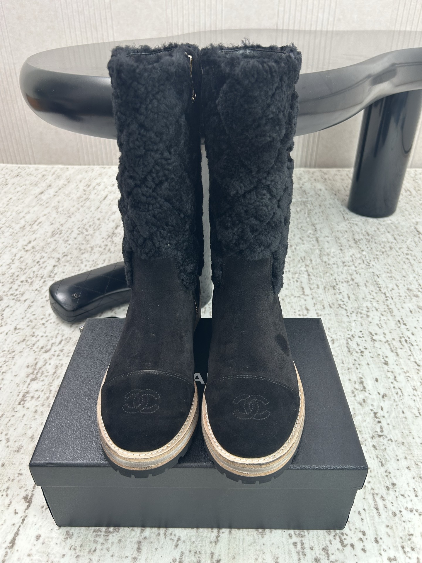 Chanel Black Fuzzy Shaft Mid-Calf Boots