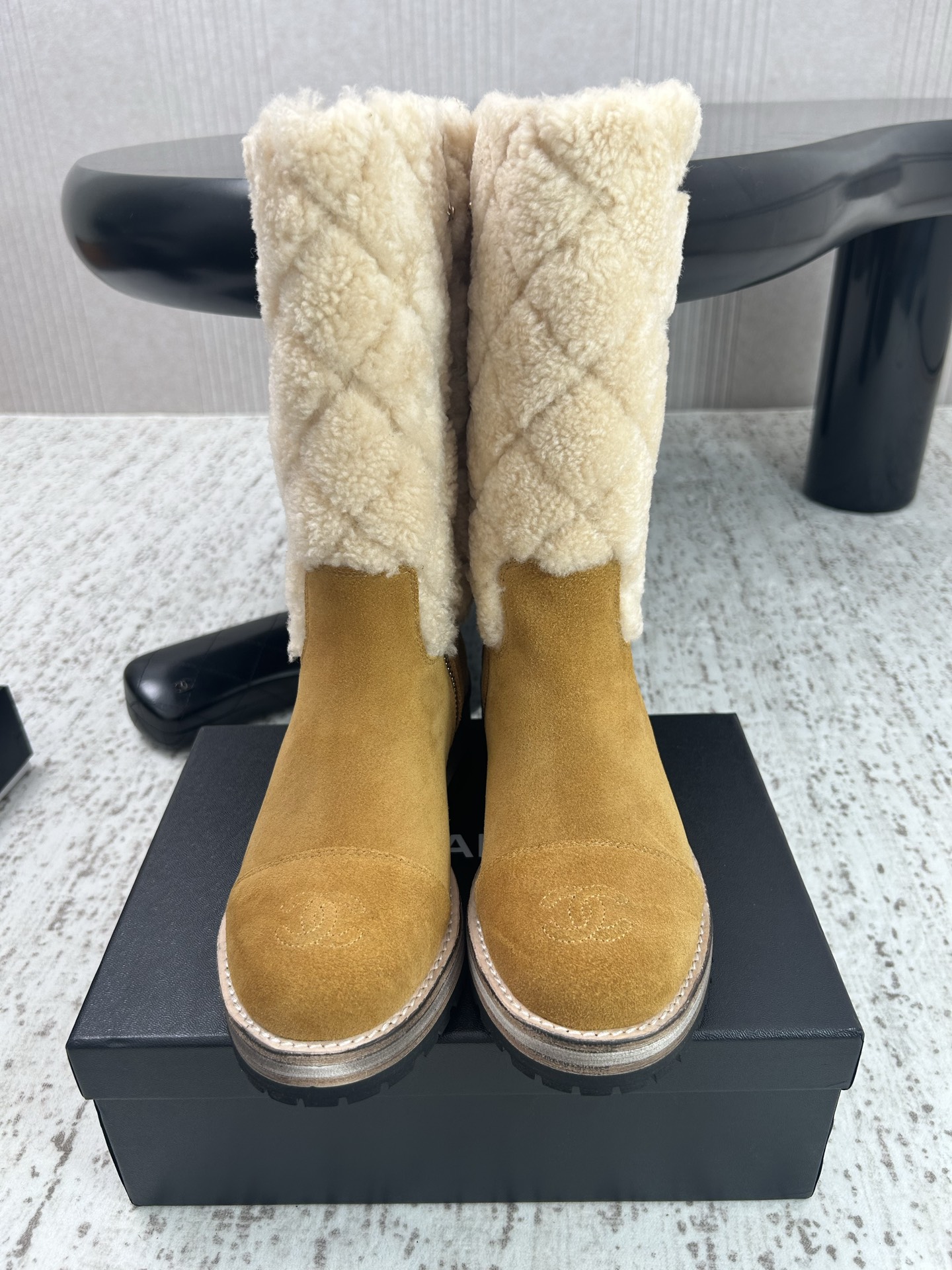 Chanel Tan Fuzzy Shaft Mid-Calf Boots
