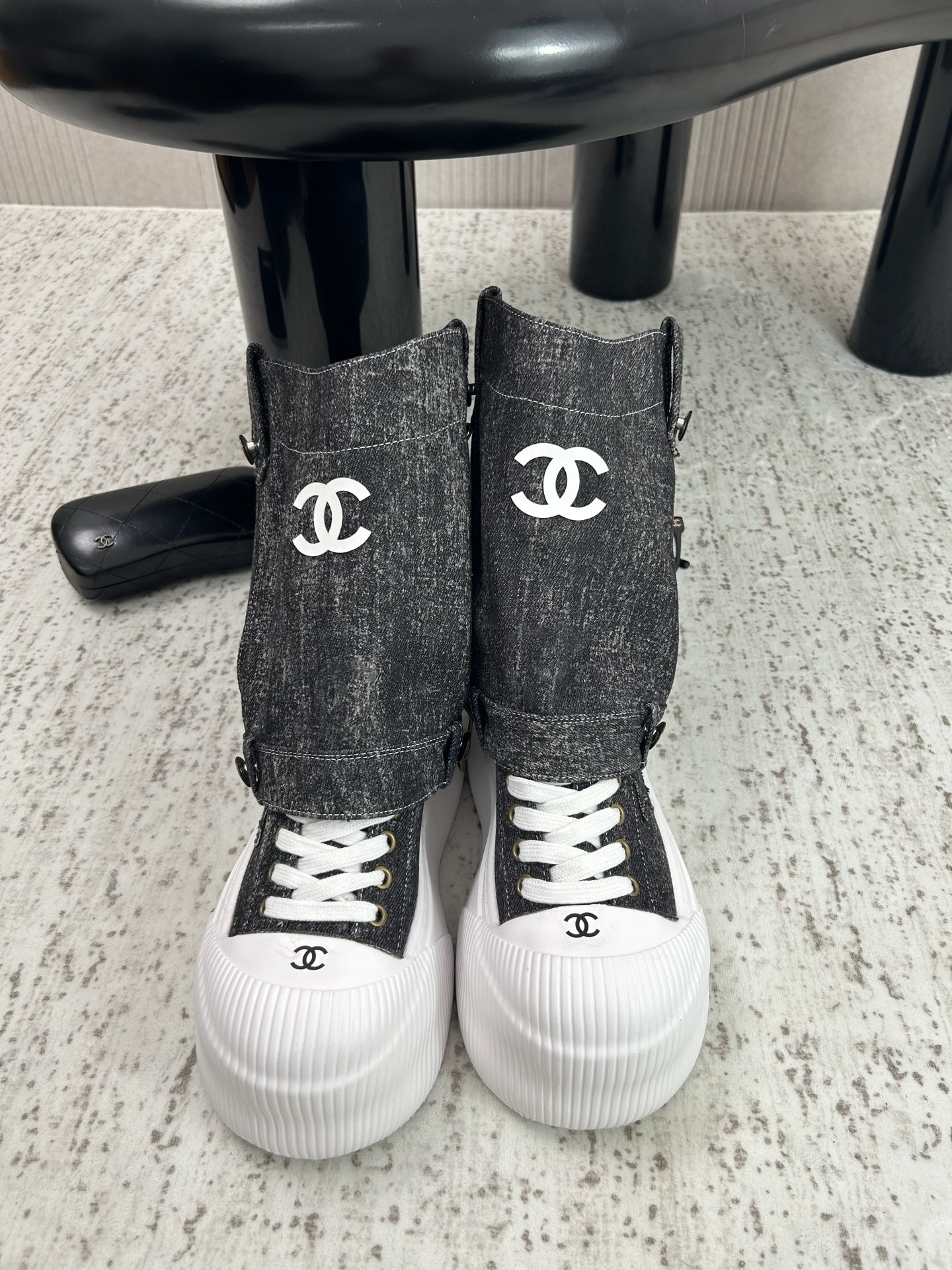 Chanel Black Logo Tall Lace-Up Sneakers