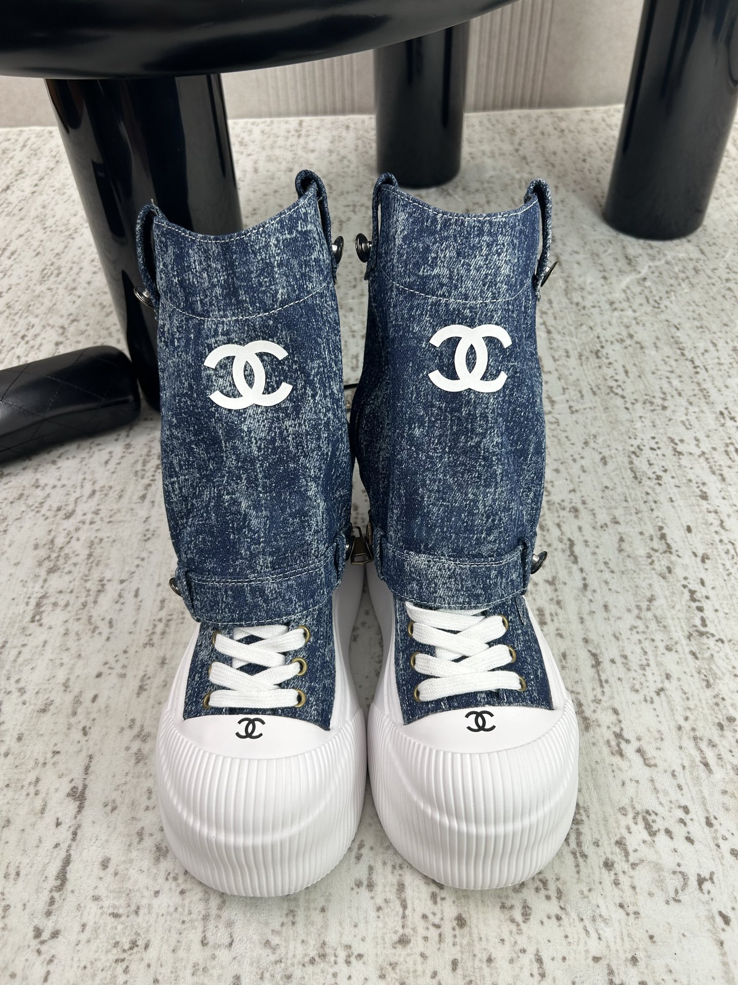 Chanel Blue Logo Tall Lace-Up Sneakers