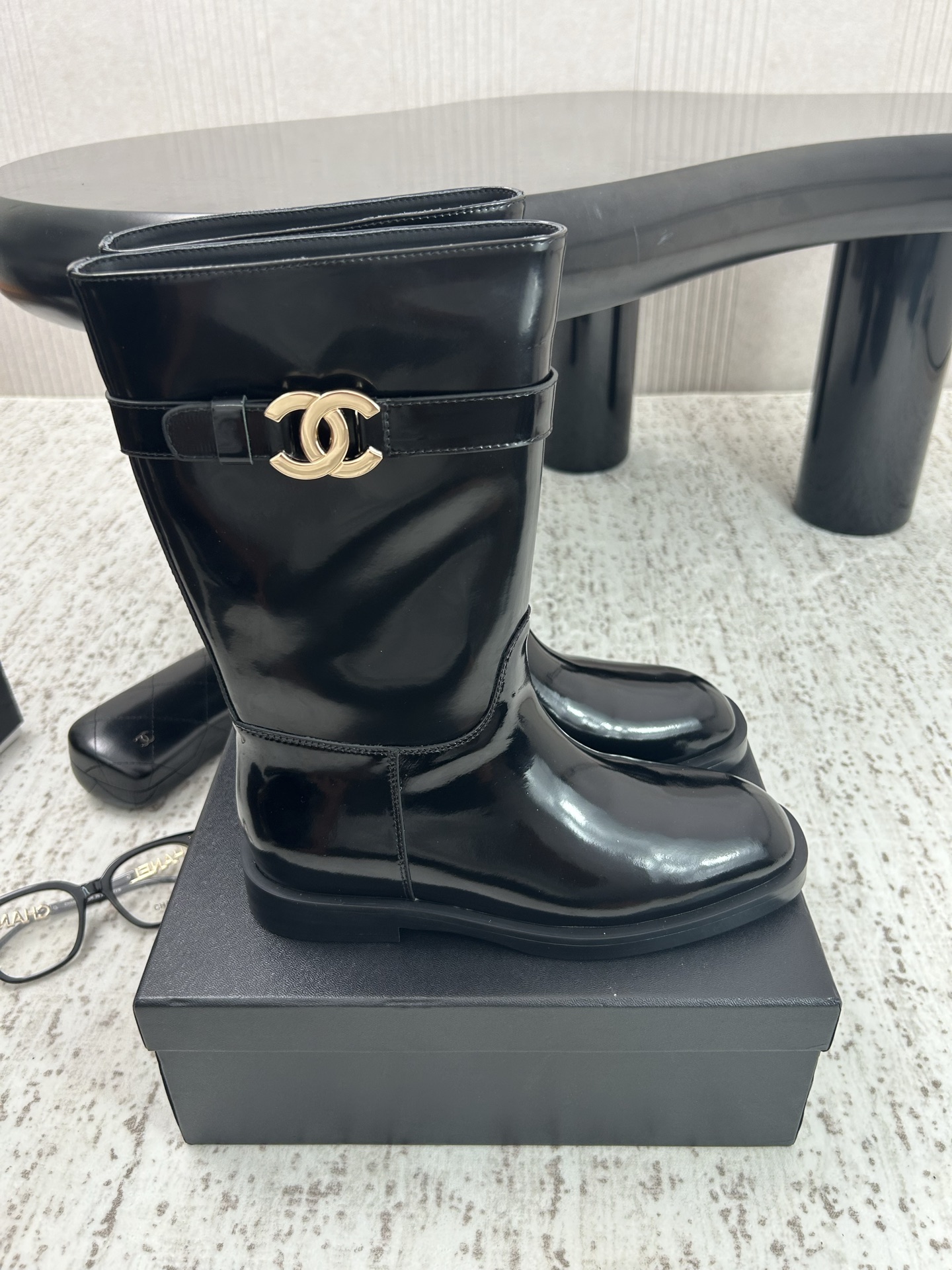 Chanel Black Glossy Logo Mid-Calf Boots