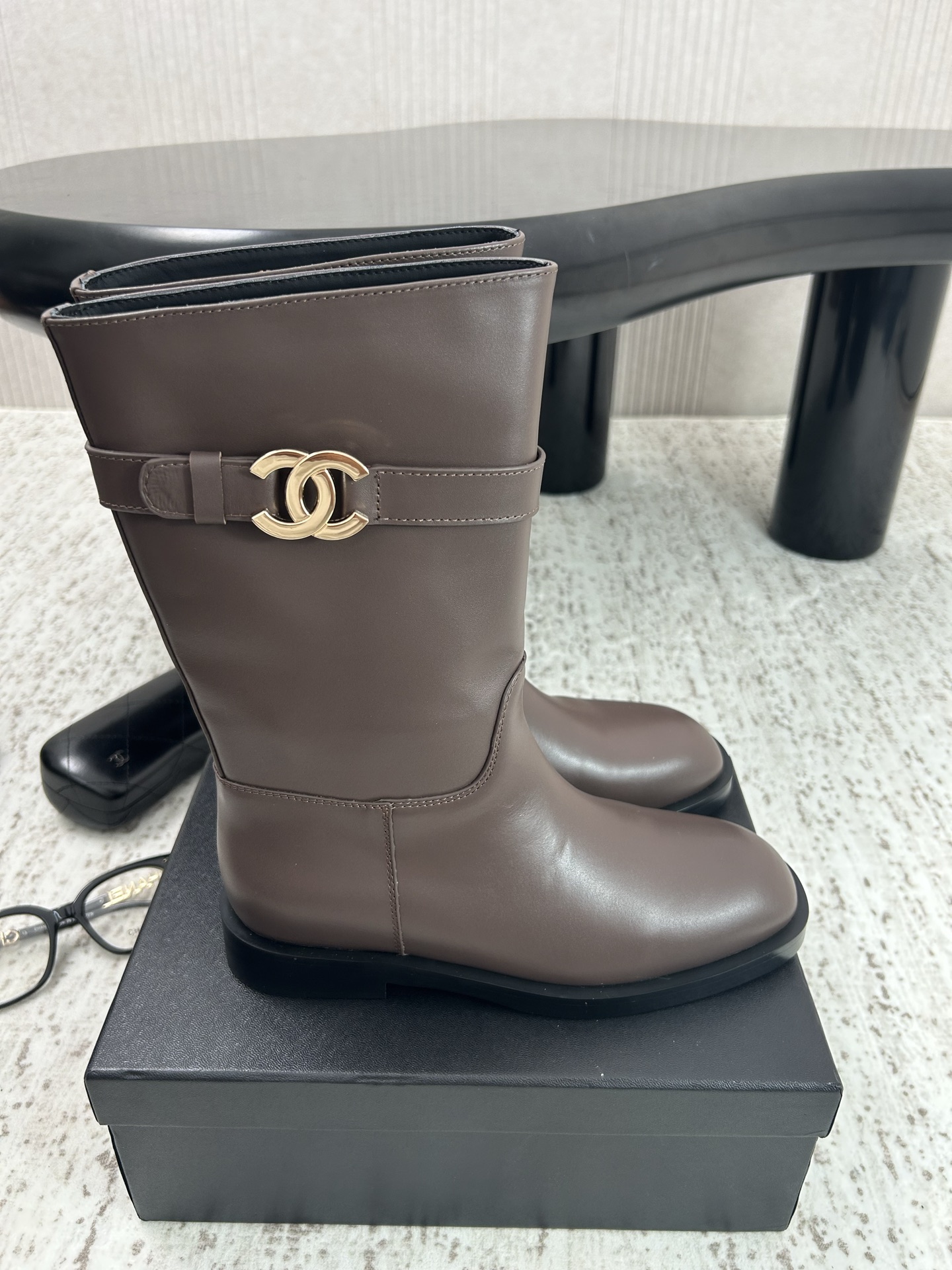 Chanel Brown Logo Mid-Calf Boots