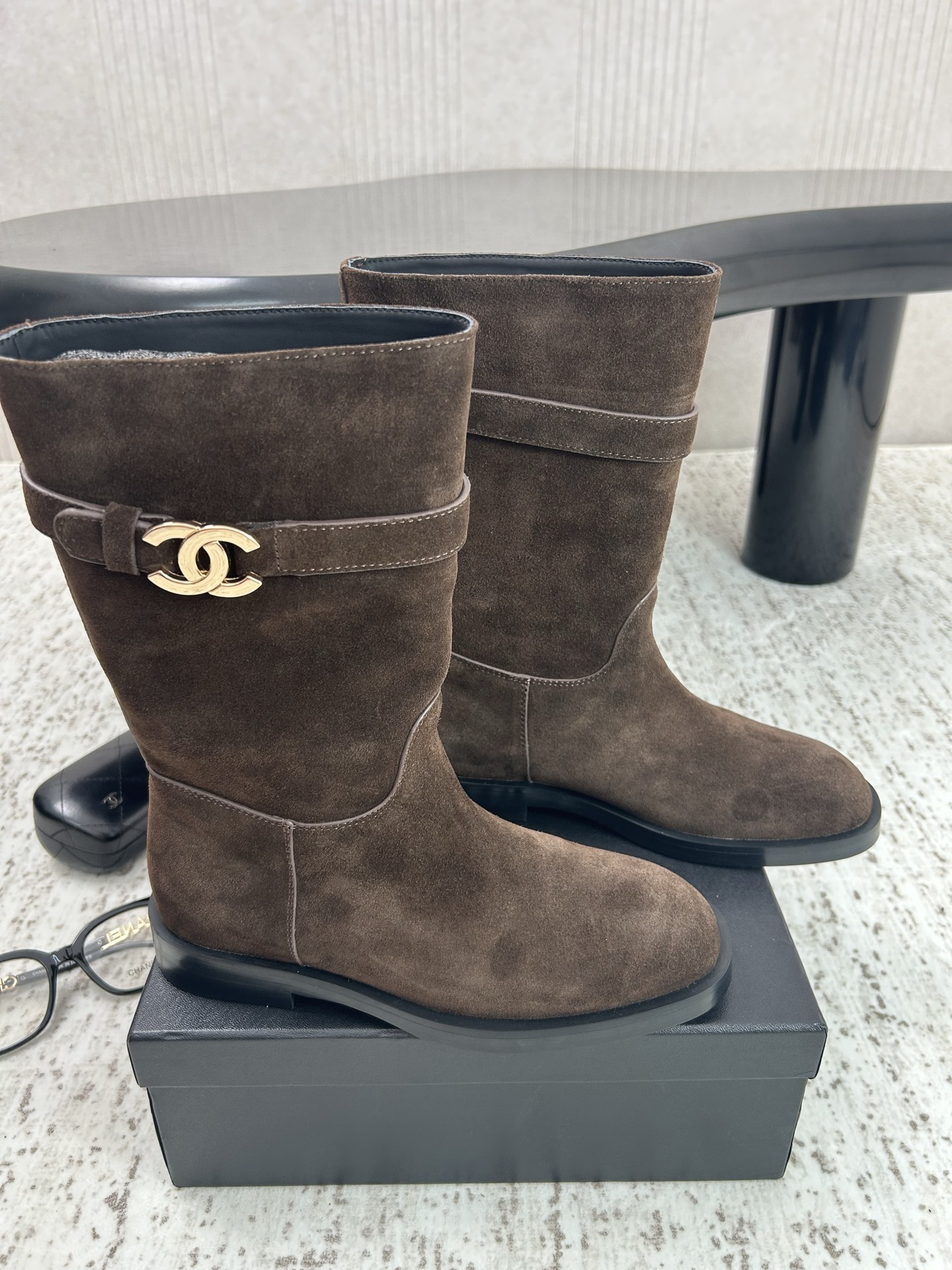 Chanel Brown Logo Mid-Calf Boots