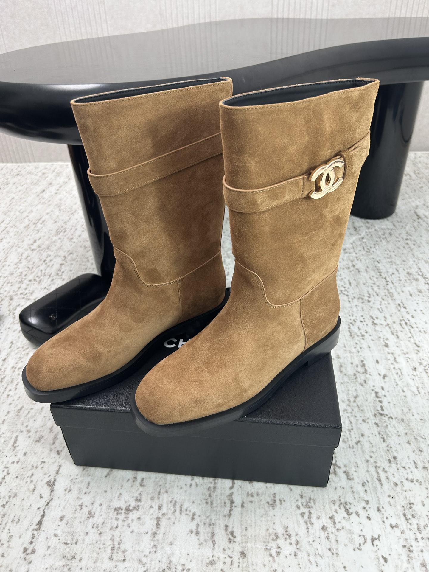 Chanel Tan Logo Mid-Calf Boots