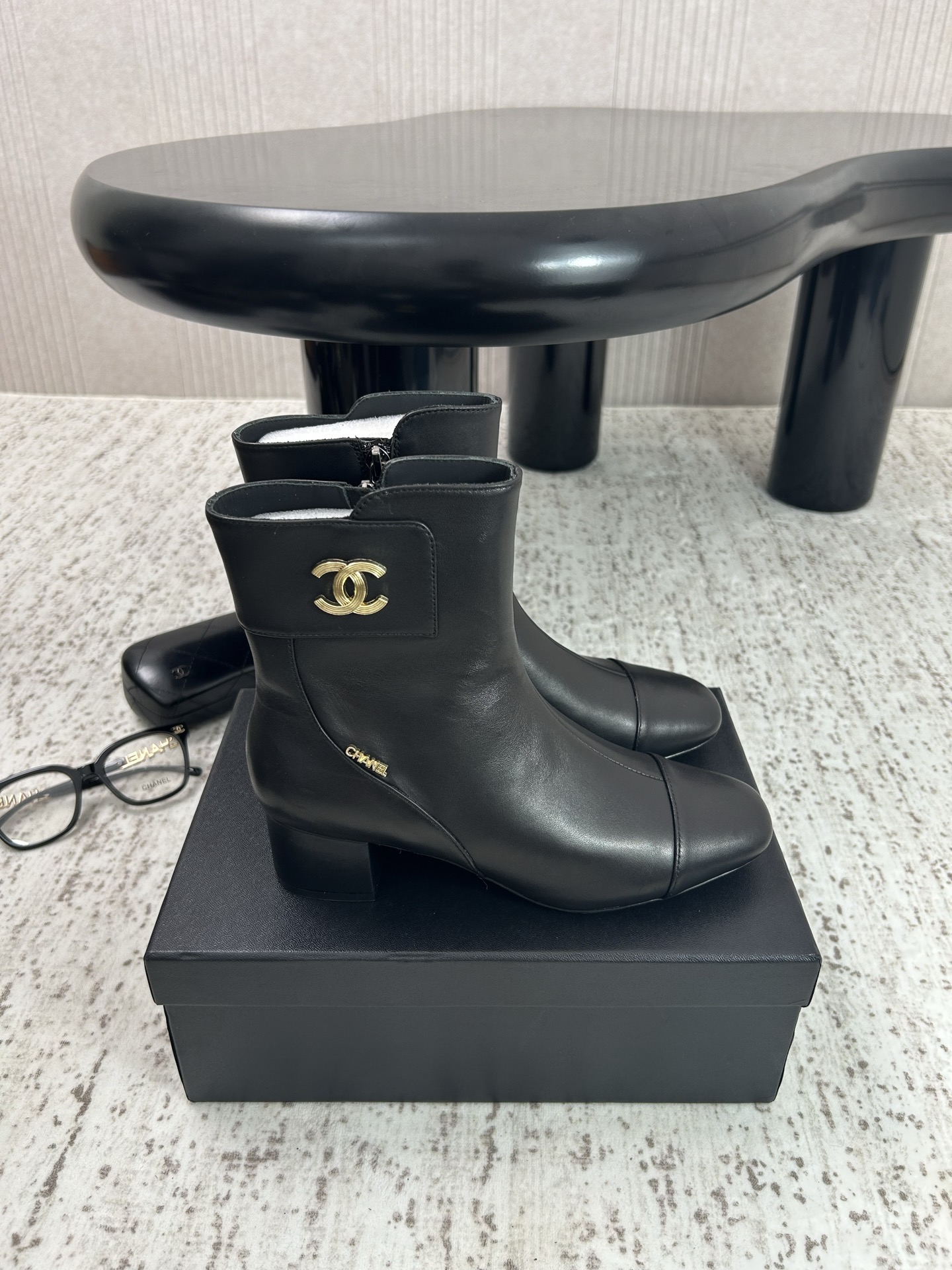 Chanel Black Cap-Toe Logo Ankle Boots