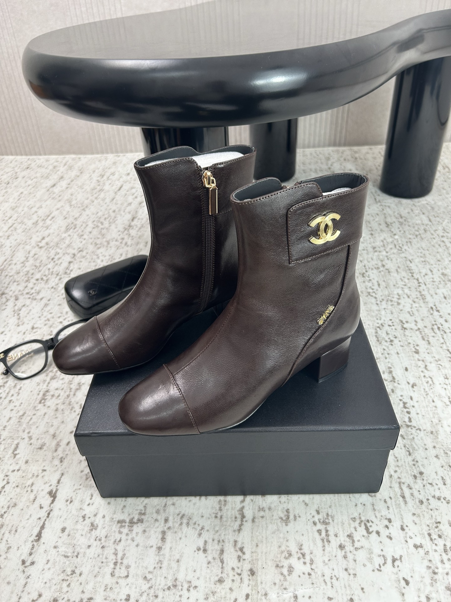 Chanel Brown Logo Block-Heel Ankle Boots
