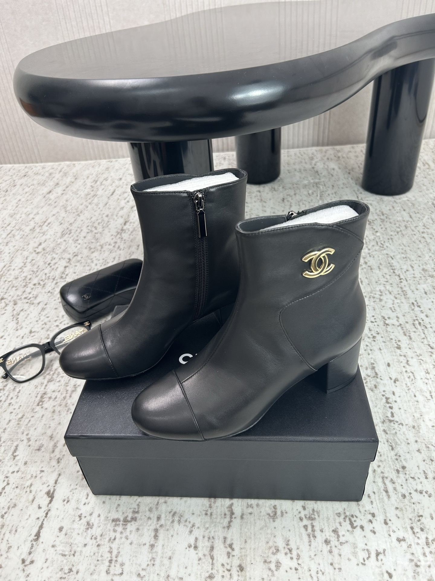 Chanel Black Logo Block-Heel Ankle Boots